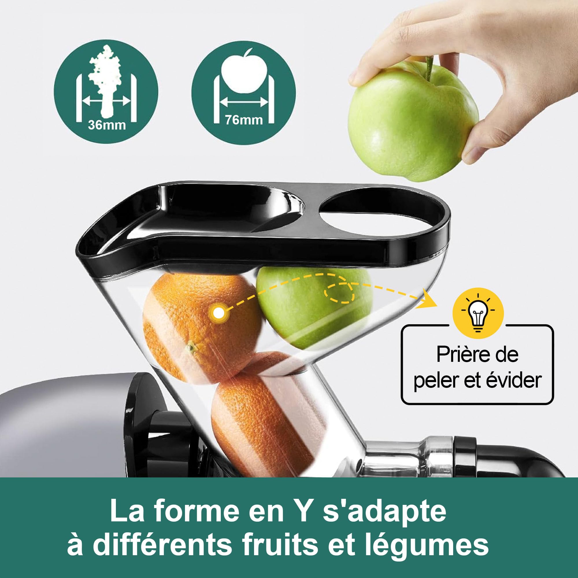 Fretta Extracteur de Jus à Pression à Froid 76 mm Goulotte Large Sans BPA Presse-agrumes Fruits Légumes Argent