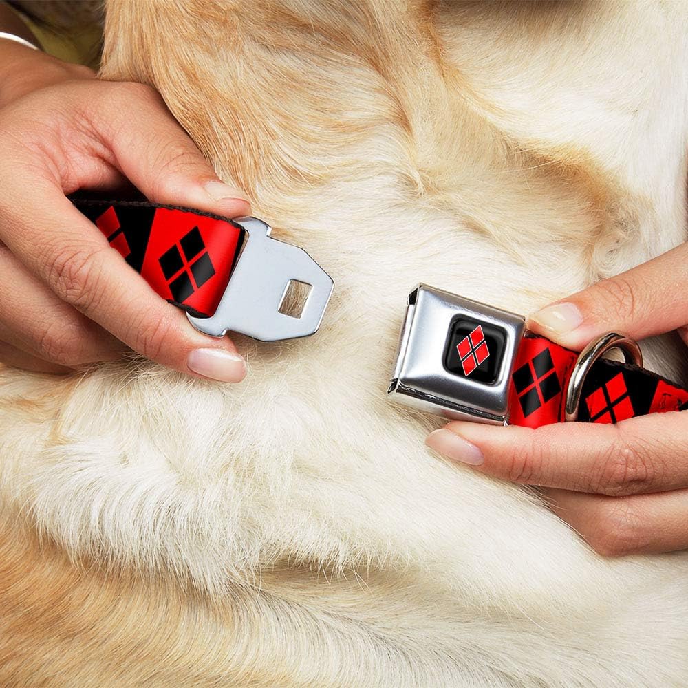 Dog Collar Seatbelt Buckle Harley Quinn Diamond Blocks Red Black Black Red 9 to 15 Inches 1.0 Inch Wide, Multicolor