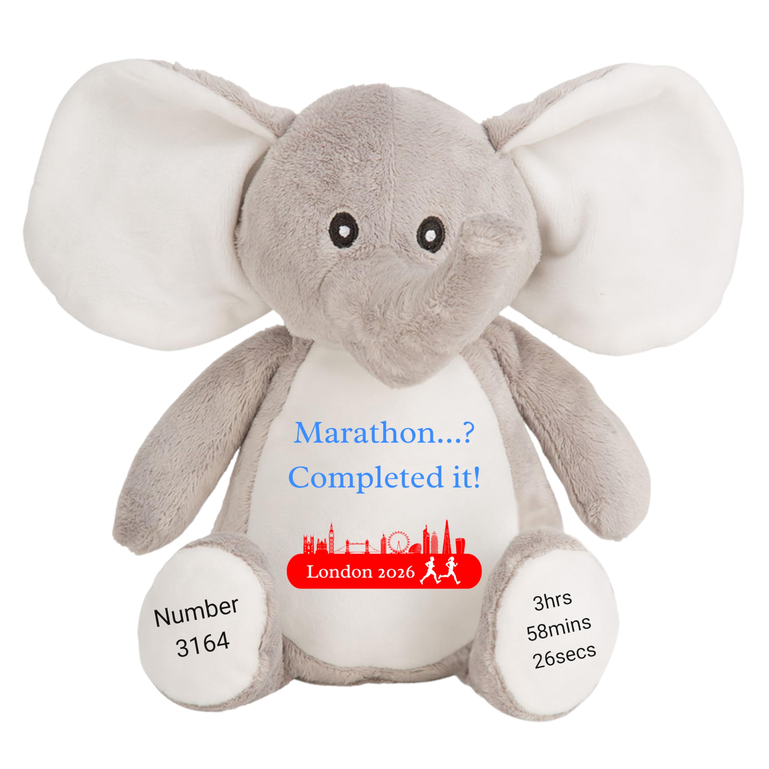 HotScamp Marathon Gift Cuddly Toy - Personalised London 2026 Teddy Marathon? Completed It! Customised Runner Running Finish Medal Congratulations Well Done Run Soft Cuddly Plushie - Grey Elephant