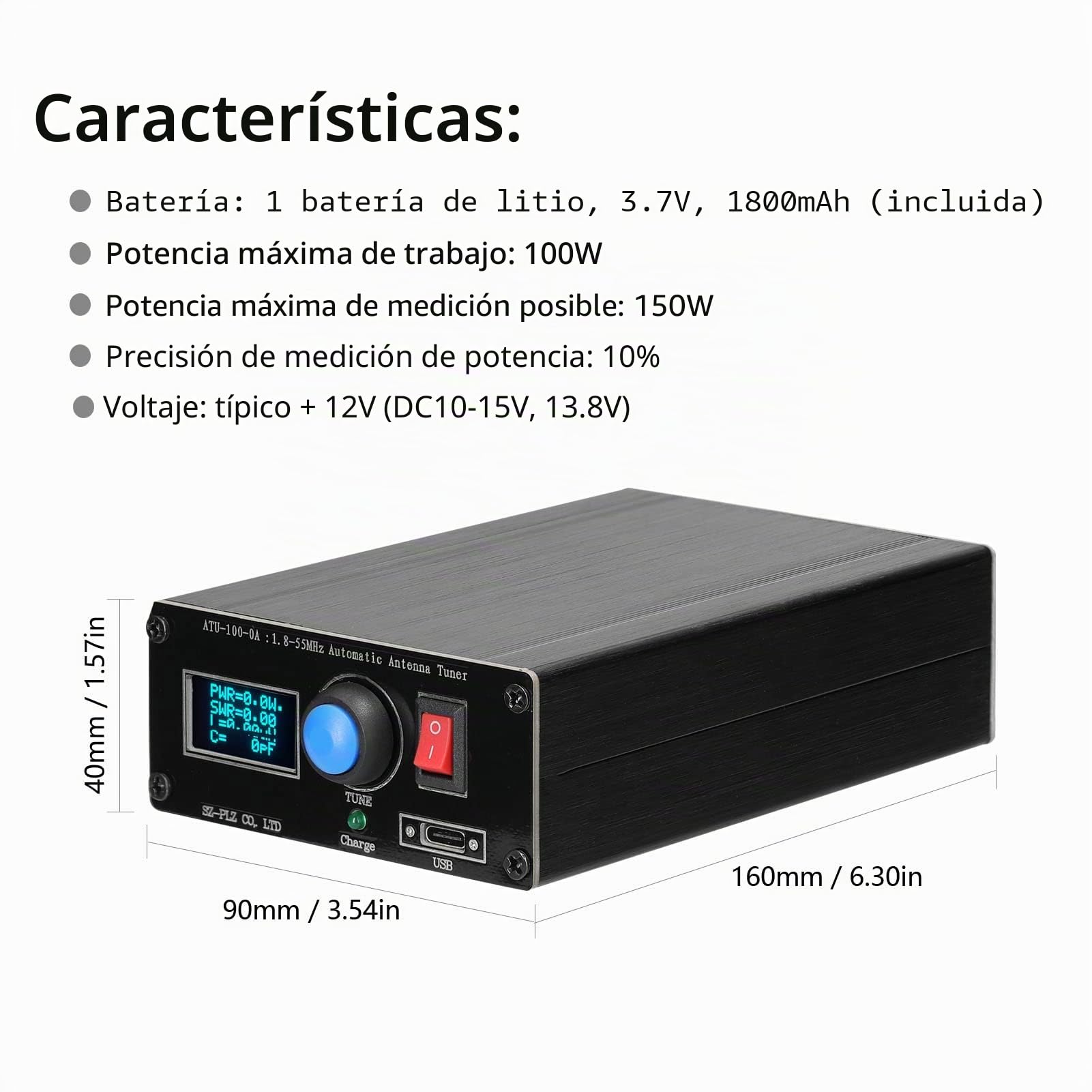 Baugger ATU-100-0A 1.8-55MHz Mini sintonizador de antena automático Pantalla OLED de 0.91 pulgadas Outcase de aleación de aluminio con batería de 1800MAh