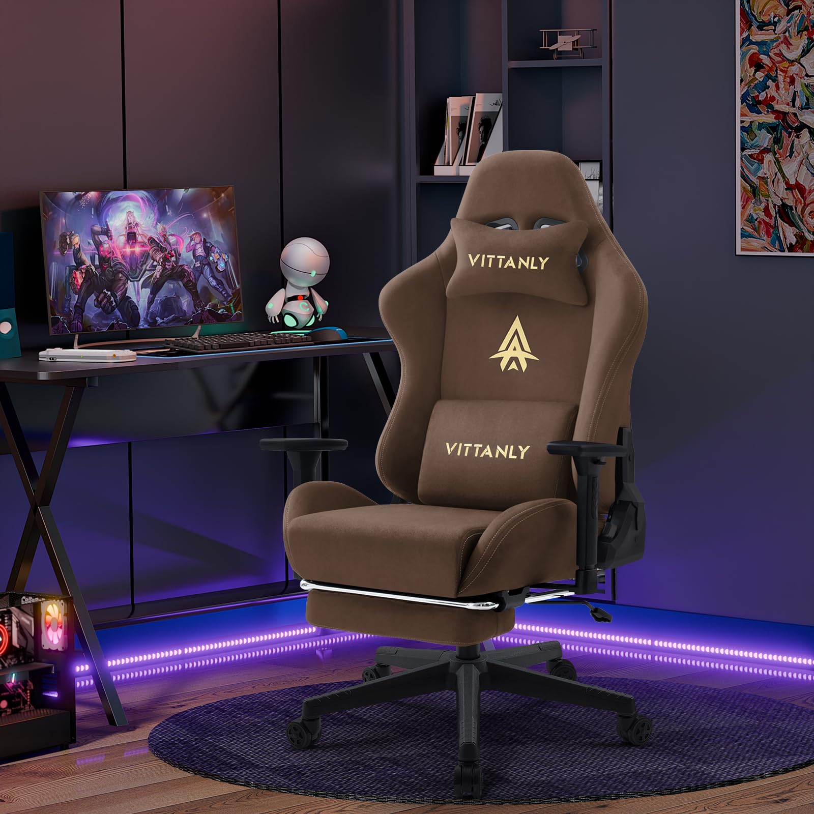 Vittanly Sedia da gaming, lussuosa e traspirante, in finta pelle scamosciata, da ufficio, da gaming, ergonomica, con poggiapiedi e cuscino lombare, braccioli 3D, schienale 90-155°, marrone