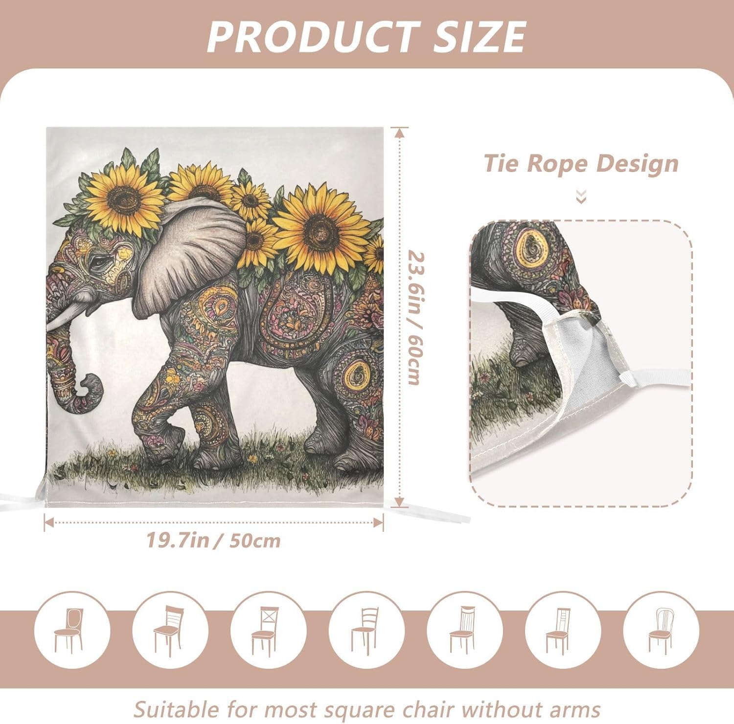ALAZA Boho Elephant Sunflowers Chair Back Cover Set of 6, Washable Reusable Removable Chair Slipcovers Decorative Chair Cover for Home Kitchen Wedding Party