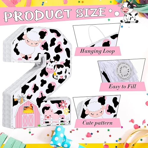 Miniatura 8 de Jexine Piñata de vaca número 2 de 16 pulgadas, granja de vacas rosadas, 2 piñata, fiesta, suministros de fiesta de cumpleaños con palo vendados y