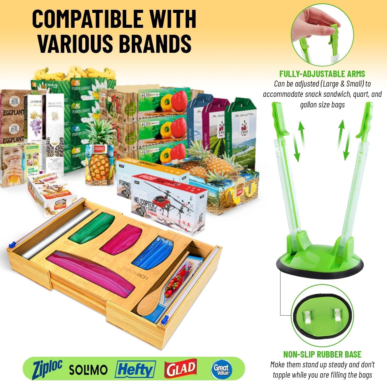 Forest & Twelfth Expandable Bamboo Kitchen Drawer Organizer for Storage Bags, Gallon, Quart, Snack, Sandwich Size, Plastic Wrap Foil Dispenser with Prep Bag Holder, Eco-Friendly Kitchen Organization