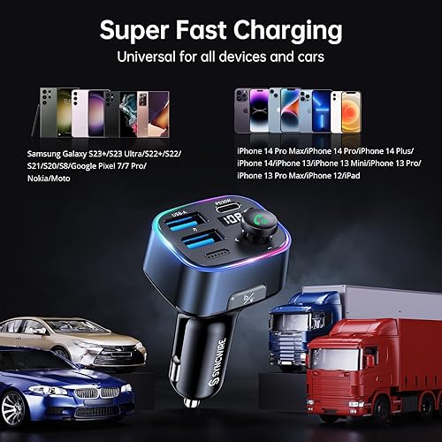 Vista 40 de Syncwire Bluetooth 5.3 Transmisor FM Adaptador de coche 48W (PD 36W y 12W) [Interruptor de luz] [Bajo Profundo HiFi] [Carga Rápida] Adaptador