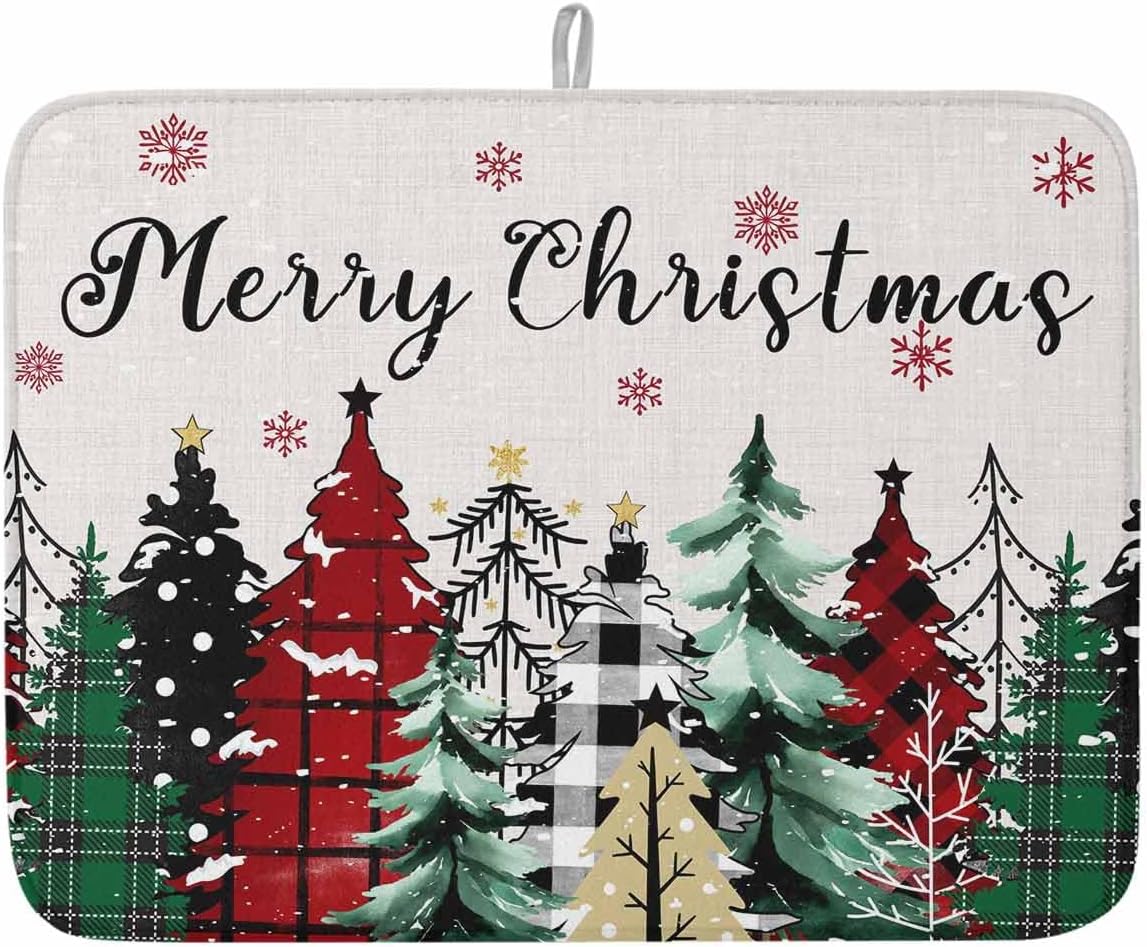 Christmas Pine Tree Dish Drying Mat for Kitchen Counter, Xmas Snowflake Buffalo Plaid Botanical Plants Absorbent Reversible Dish Drainer Rack Mats for Coffee Bar Mats 18''x24'' 1 PCS