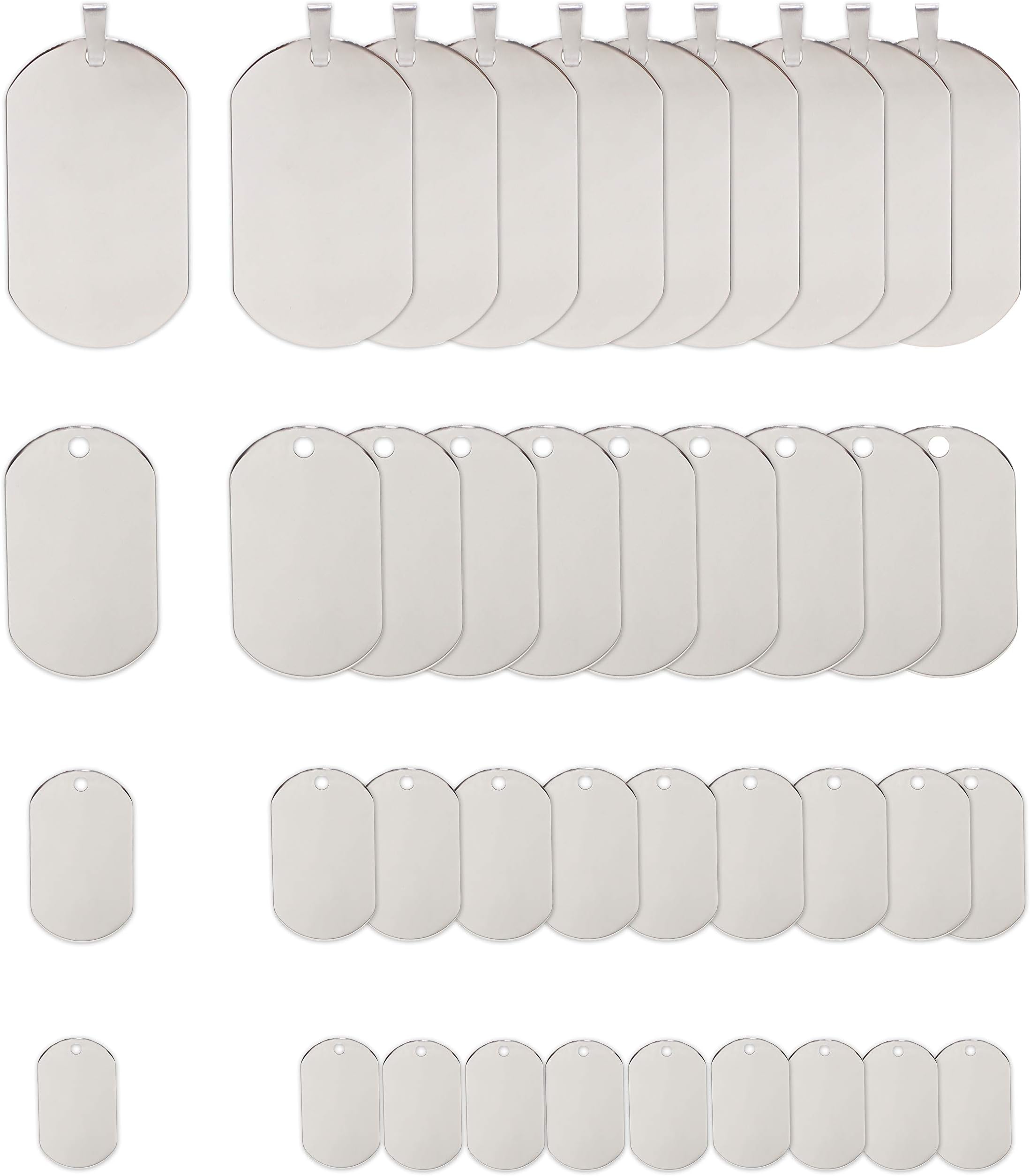 Fun-Weevz 40 PCS Blank Dog Tag Pendants, 316 Stainless Steel Sublimation Tags, 4 Sizes Shield Engraving Stamping Blanks, Shiny Metal Army Military ID Pendant for Jewelry Making Adults