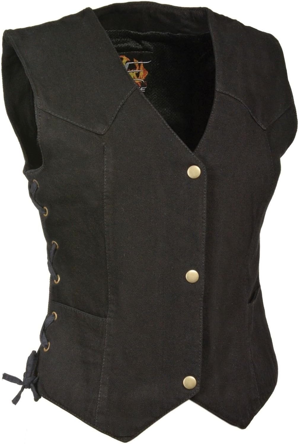 WOMEN'S MOTORCYCLE LADIES DENIM VEST 100% COTTON 4 SNAP FRONT SIDE LACES BLACK (M)