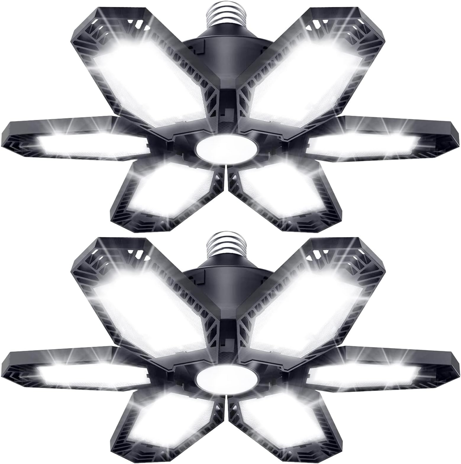 TANBABY 2 Pack LED Garage Lights, 150W Deformable Garage Light Bulb, Total 30000LM 6500K Daylight, 6+1 Adjustable Panels, E26/E27 Screw-in Ceiling Light for Basement, Gift for Men