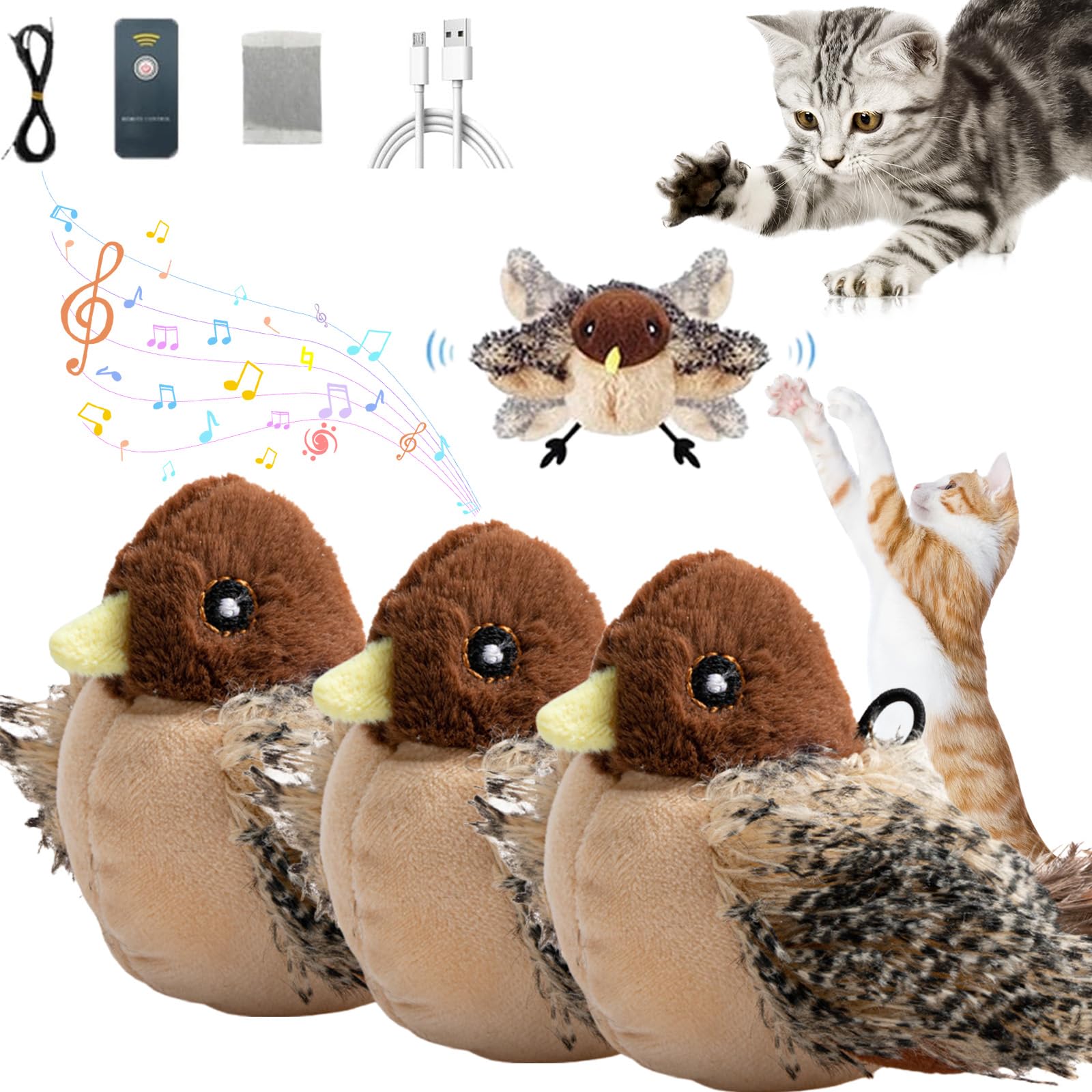 Juguete para gatos y pájaros, aleteando, gorrión, chirping, juguetes interactivos recargables para gatos, juguetes para gatos de interior