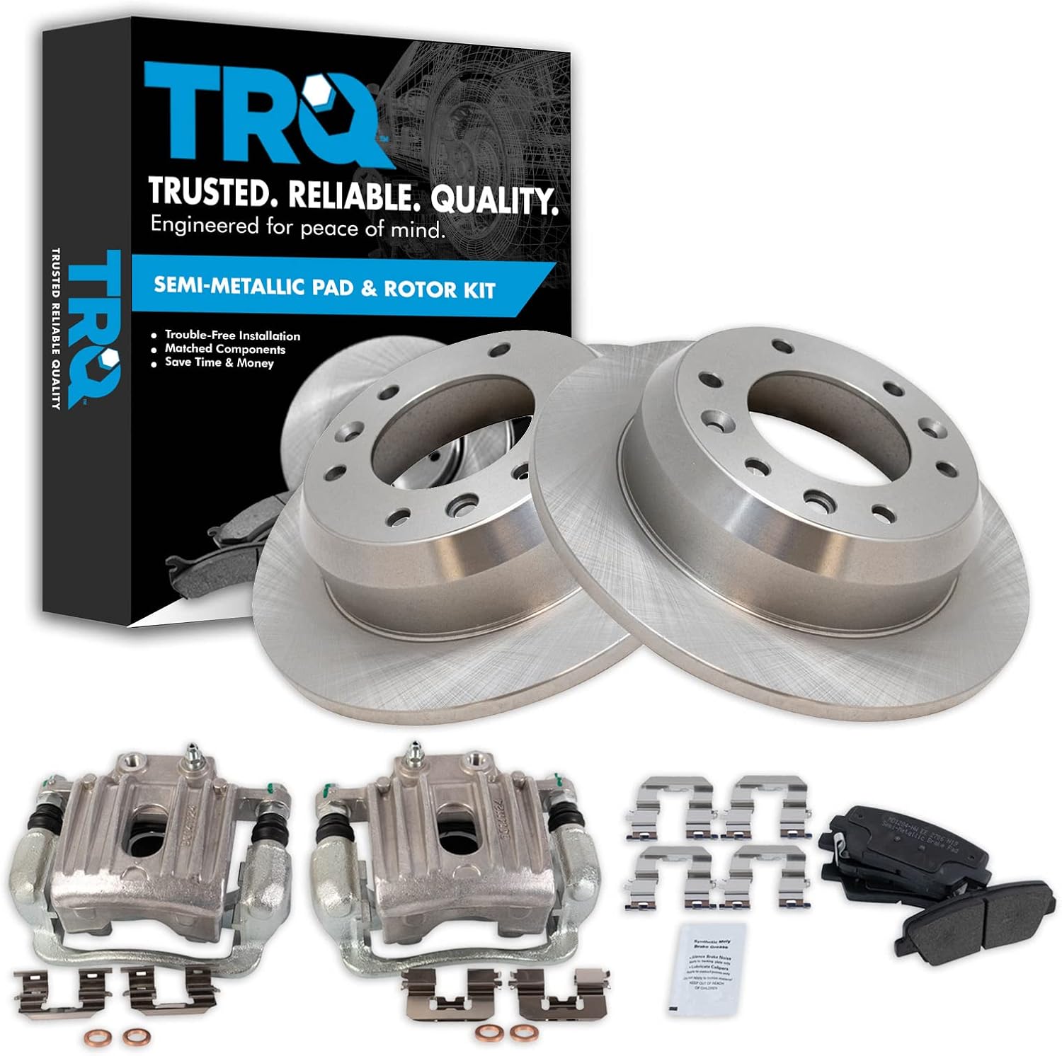 TRQ Rear Brake Pad and Rotor Set Semi Metallic Solid Rotors Calipers Compatible with 2007-2008 Hyundai Entourage