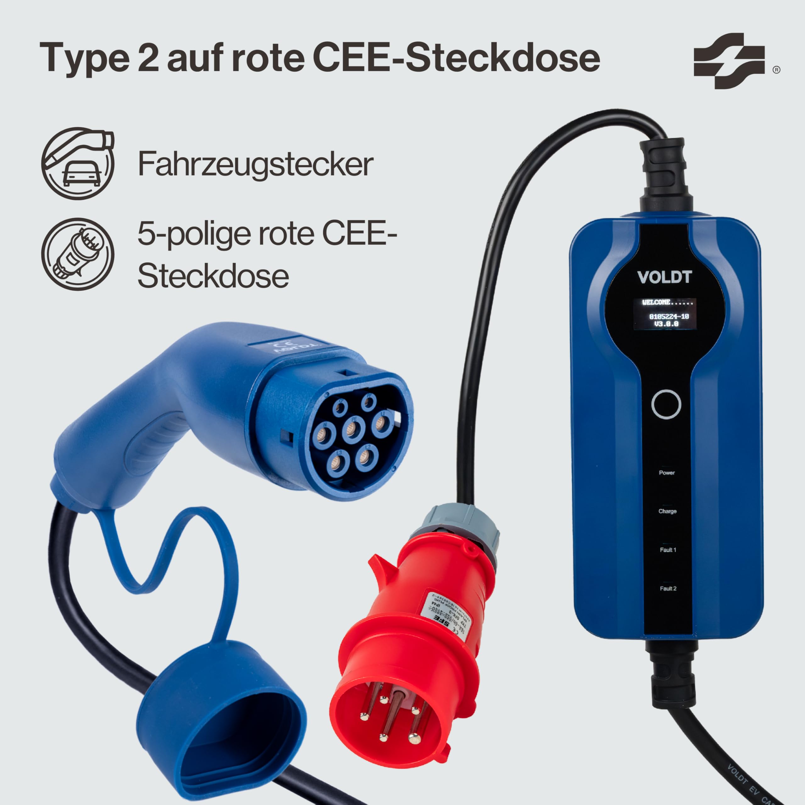 VOLDT Typ 2 Ladekabel 11KW EV-Ladegerät mit CEE-Stecker, 8 A - 16 A dreiphasige Mobile Wallbox-Ladestation mit Display für Elektrofahrzeuge IP67, TÜV, CE geschützt tragbares Ladegerät (5 Length)