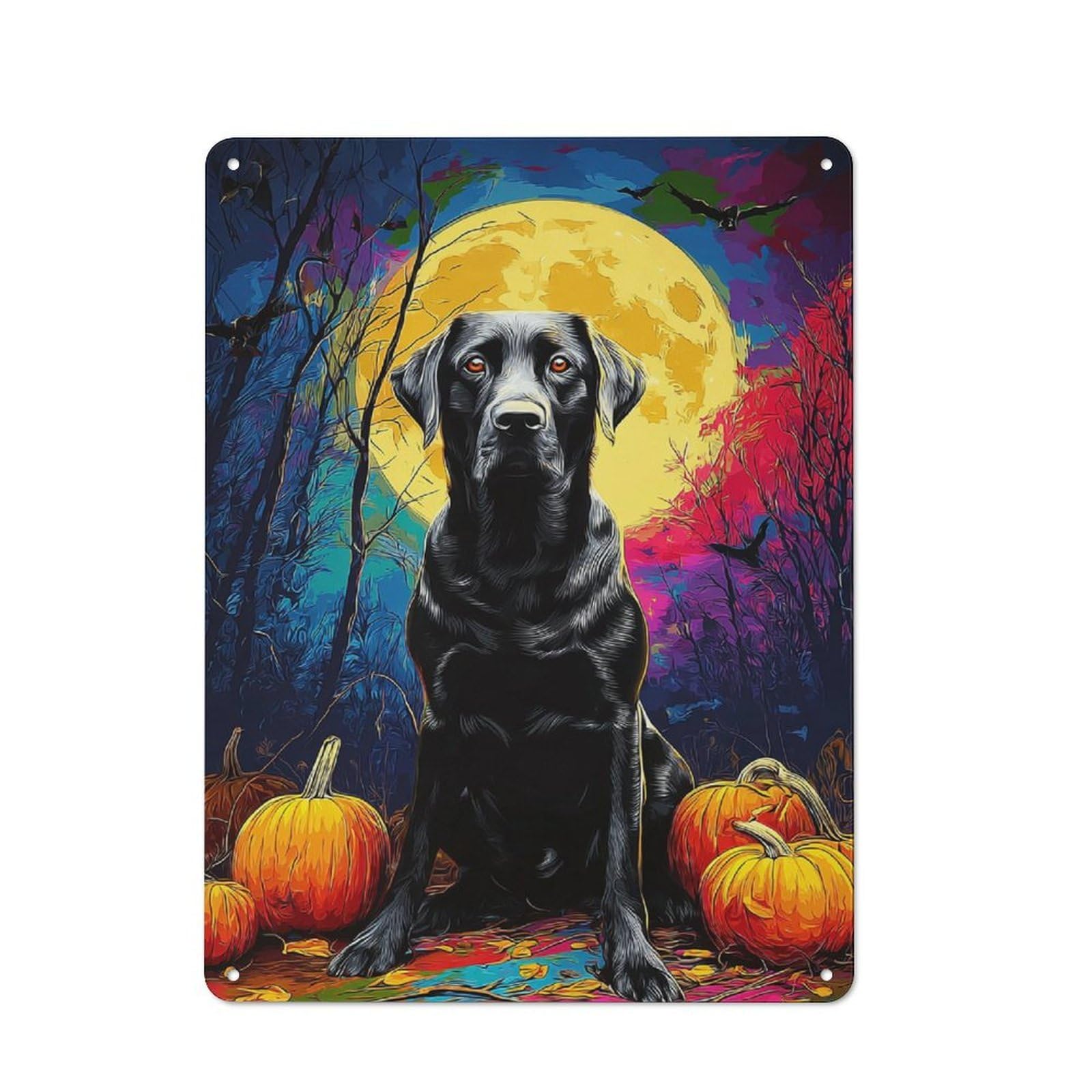 Junmoney Halloween Moonlit Pumpkin Dog Scene 40X30cm Rustic Tin Sign With For Dining Room Or Kitchen, A Decorative Metal Sign For Kitchens And Dining Spaces