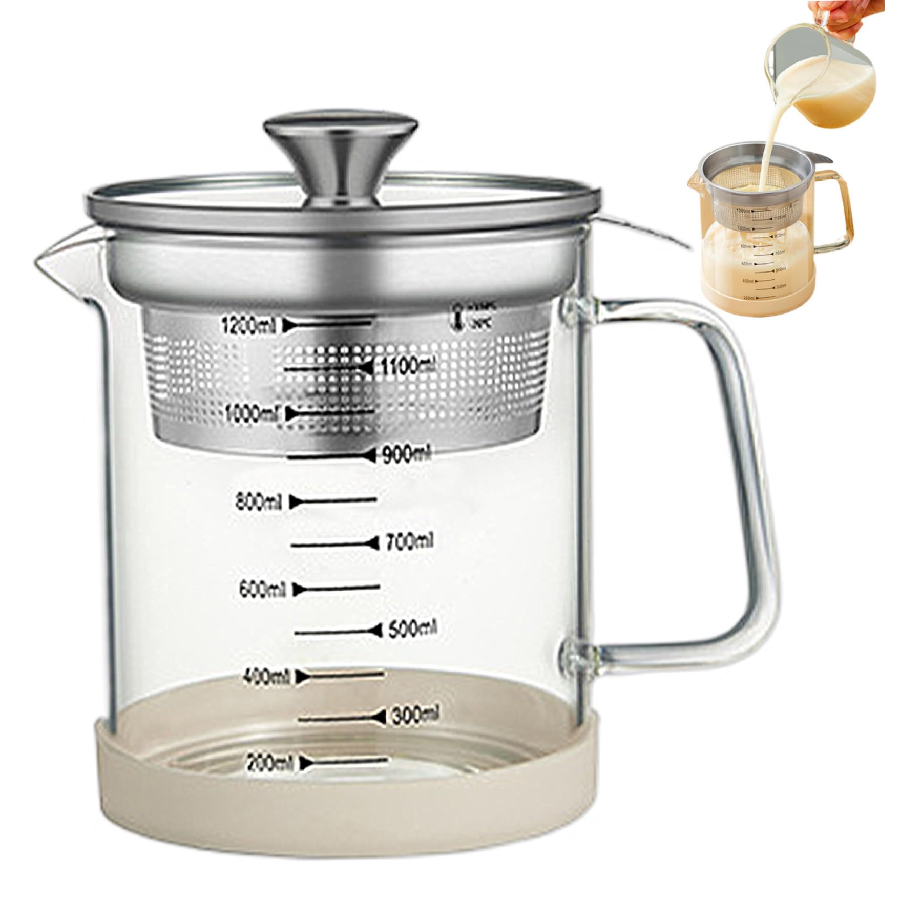 Yogurt Strainer with Lid, 1200ML Clear Nut Milk Strainer with Scale, Non Slip Yogurt Filter for Juice Milk Cold or Hot Beverages Yogurt Strainer with Lid Glass Pitcher with Lid Nut Milk Strainer Yogur