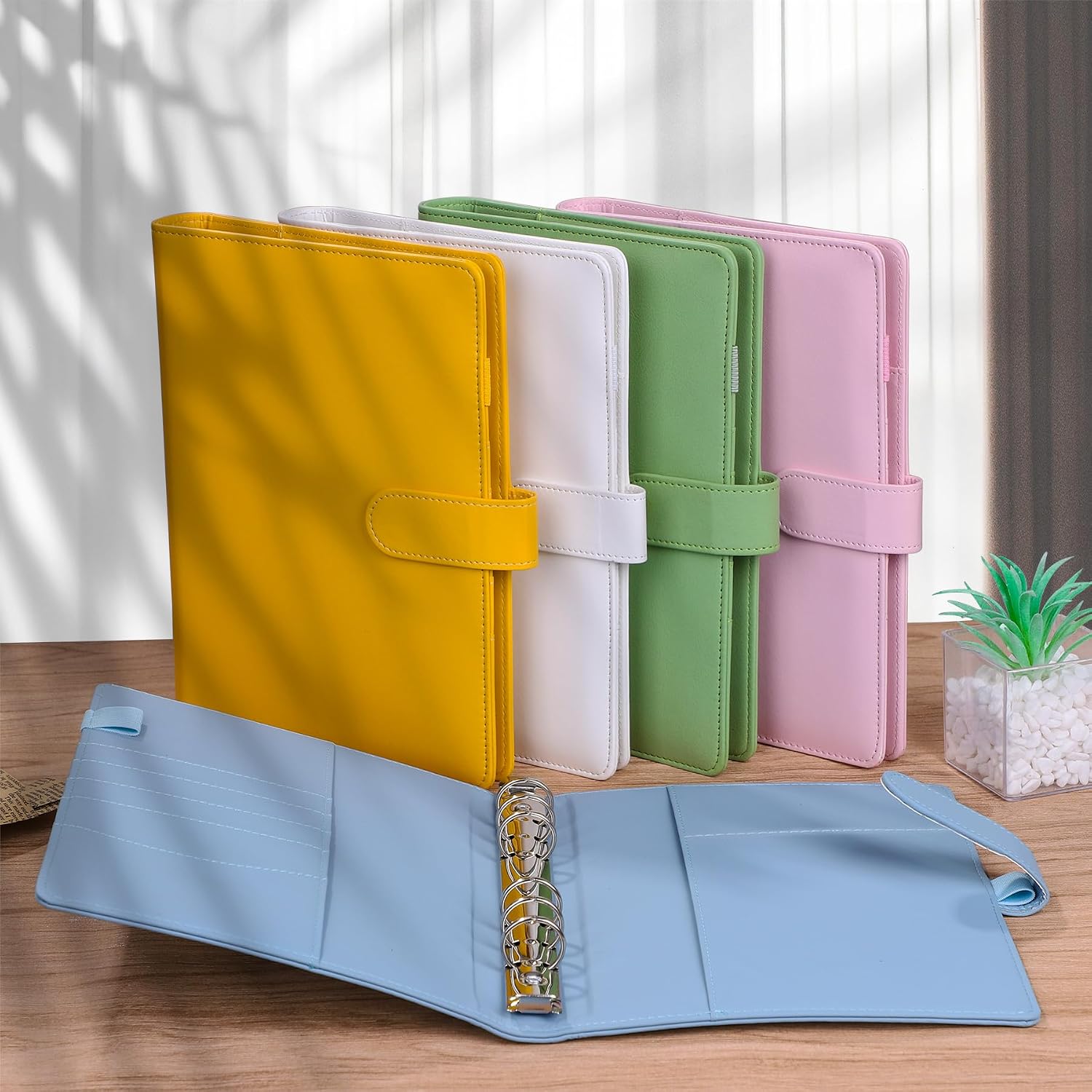 Antner A5 Notebook Binder 6 Ring Refillable Budget Planner Cover for Cash Organizer, PU Leather Loose Leaf Kpop Photocard Holder Small Binder for A5 Planner Inserts with Magnetic Buckle, Airy Blue