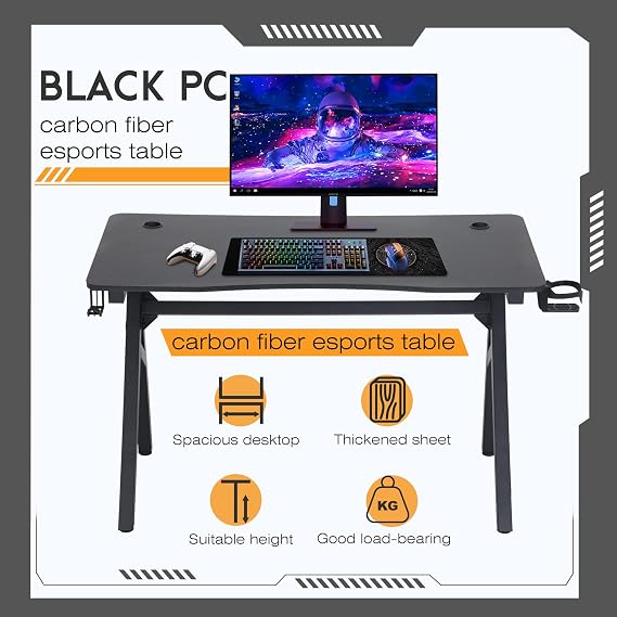 BestOffice | 47 Gaming Desk | Blue | Carbon Fiber Textured Computer Desk | Sturdy Steel Frame, Cup Holder, Headphone Hook, Cable Management Holes, Adjustable Leg Pads | for Gamers, Home, Office