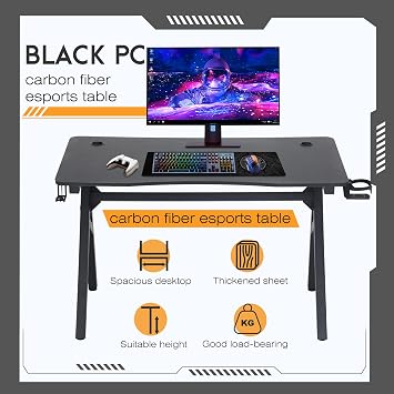 BestOffice | 47 Gaming Desk | Blue | Carbon Fiber Textured Computer Desk | Sturdy Steel Frame, Cup Holder, Headphone Hook, Cable Management Holes, Adjustable Leg Pads | for Gamers, Home, Office