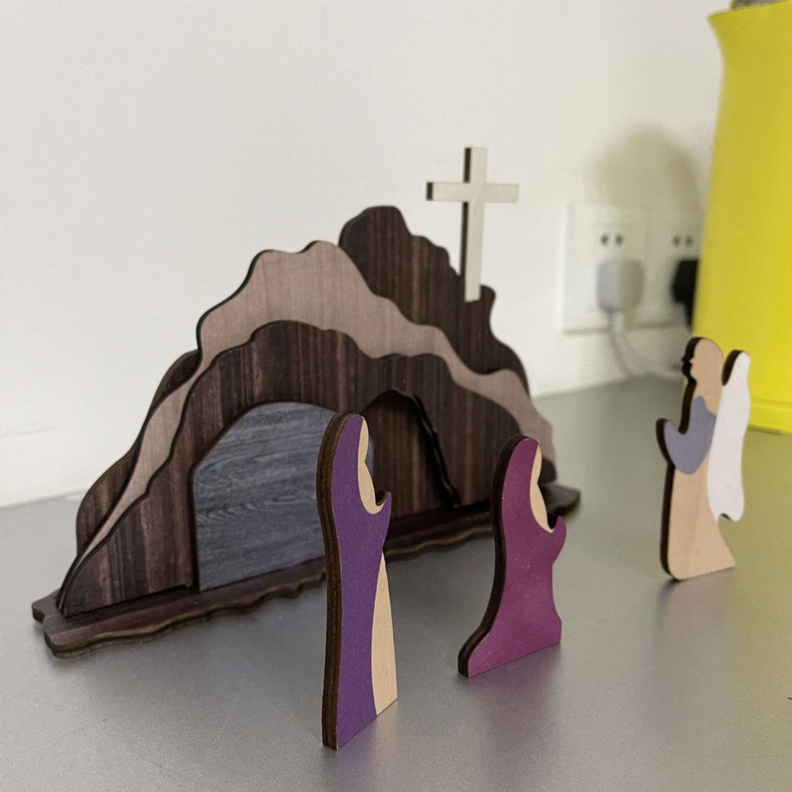 NSXIN Osterkrippe Holz Osterszene Holz Dekorations Set, Handgefertigte Jesus Krippe, Holzkreuz Osterfigur Osterdekoration Auferstehungs Szenen Set Krippenfiguren Aus Holz Für Zuhause, Tisch, Büro