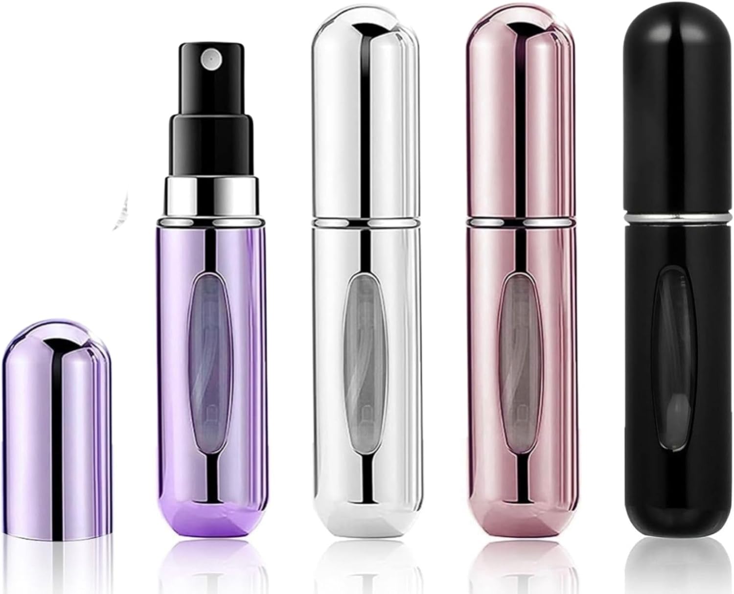Générique Set van 4 navulbare parfumverstuivers van 5 ml met niveauvenster – compacte en elegante reisflessen – lege mini-verstuiver van aluminium – 4 verschillende kleuren