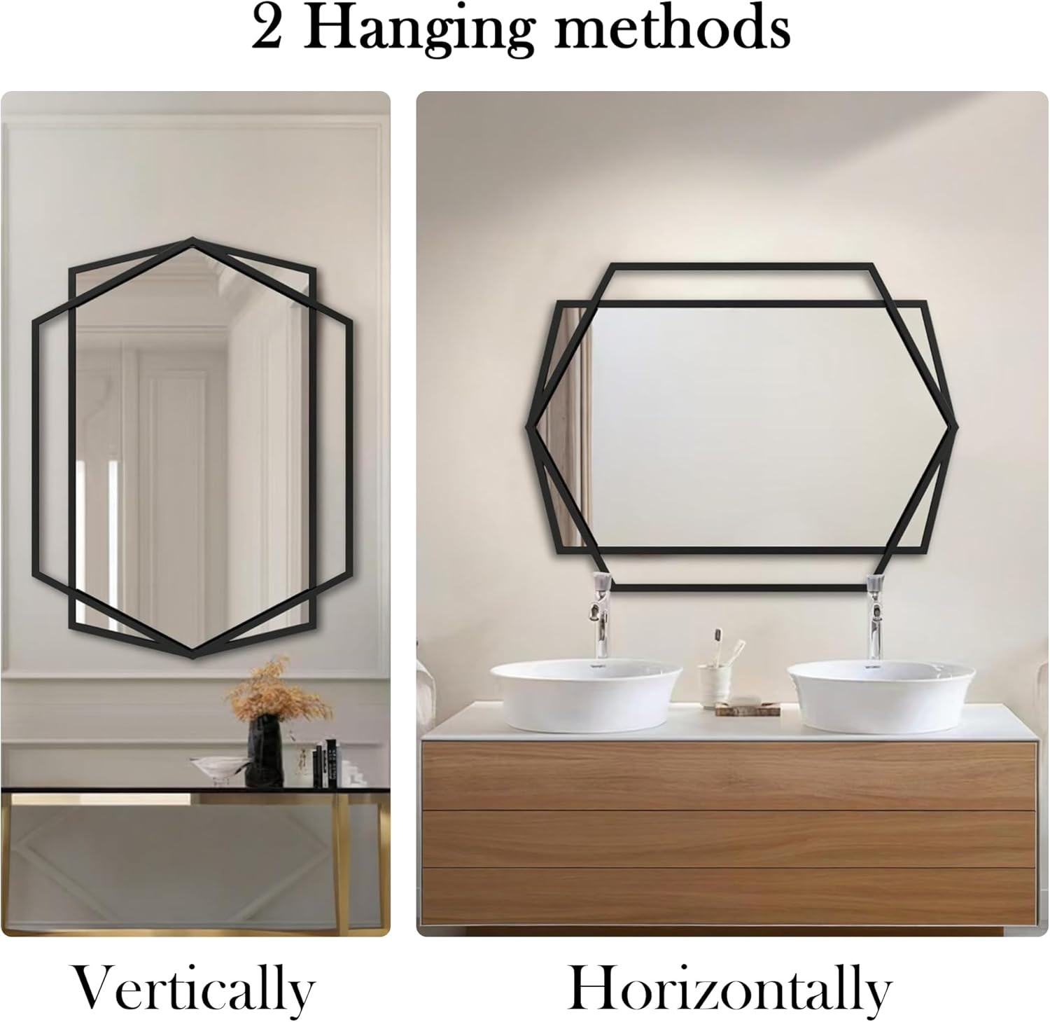 36''X26'' Hexagon Mirror Black Metal Framed Geometric Wall Mounted Bathroom for Over Sink, Hexagon and Rectangular Mirror Vertical or Horizontal Hanging for Entryway, Living Room