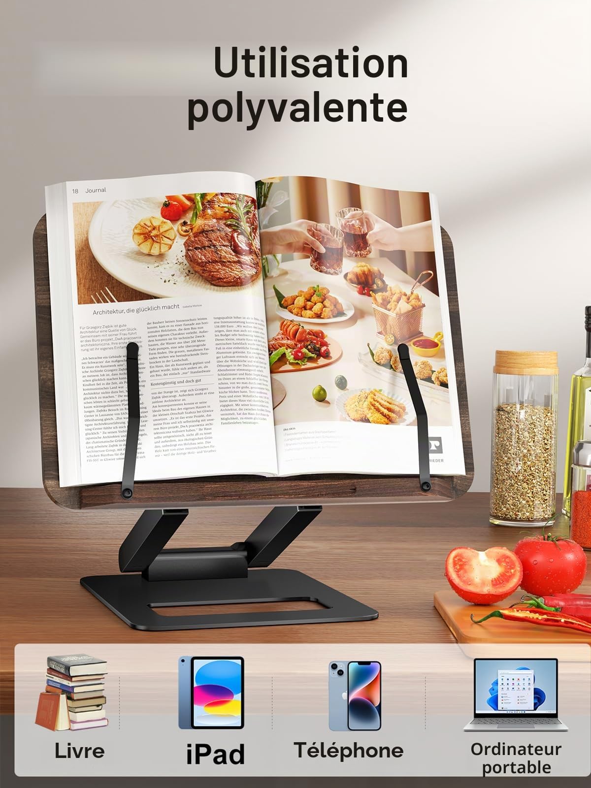 Tounee Support de livre télescopique réglable en hauteur - Design extensible - Support de livre de cuisine ergonomique avec pinces latérales élastiques - Convient à tous les livres (noir)