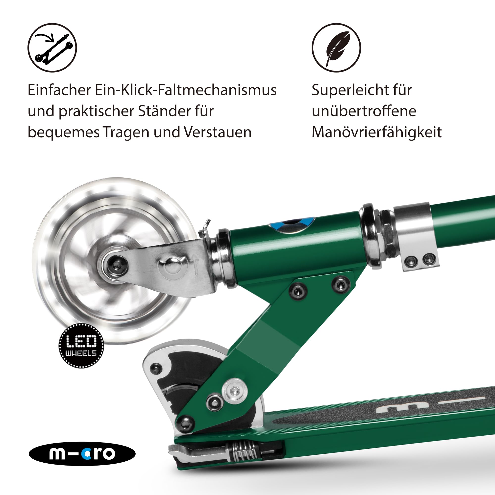 micro™ Sprite LED Kinder Kinderscooter | Cityroller mit LED-Rollen | klappbar und Lenker höhenverstellbar | ab 5 J. | Tretroller in 6 Farben erhältlich