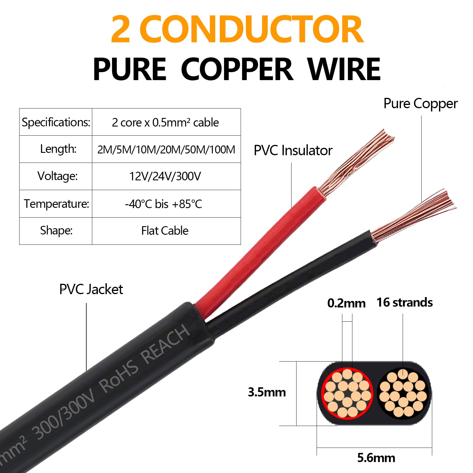 Câble Plat 2 Fils 2 x 0,5 mm² 12V/24V Câble Électrique Flexible Plat Rouge/Noir pour Remorque Automobile Caravane Bateau Lumière Automobile 100M/328.08Pieds