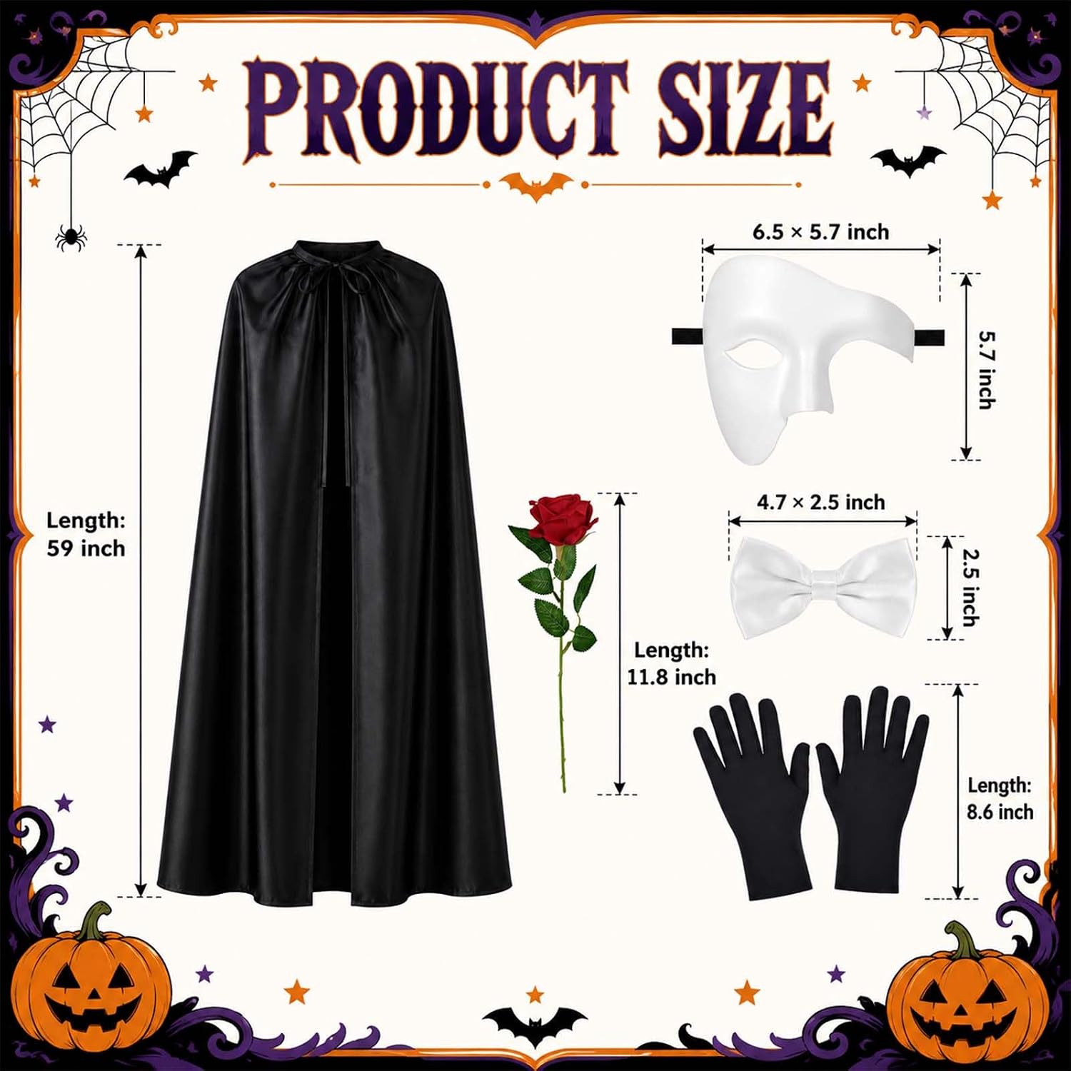 5 Pcs Opera Costume Set with Black Cape White Mask Bow Tie Gloves and Red Rose for Adult Halloween Cosplay Funny Party Dress up Accessories