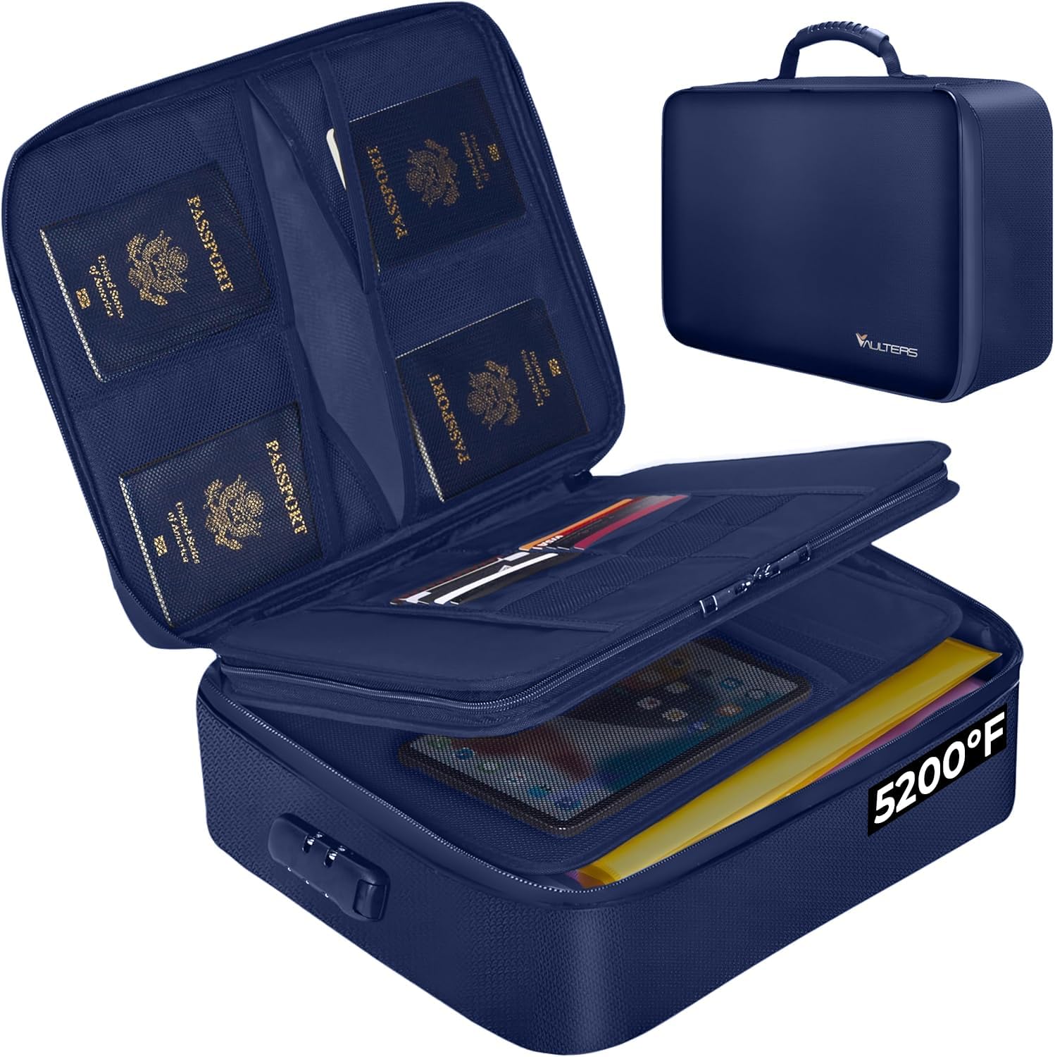 Fireproof Document Bag with Lock - 5200°F Heat Resistant & Waterproof Document Bag with 3 Layers, Portable Fire Proof File Box for Documents, Laptop, Passports & Certificates - Home & Travel (Blue)