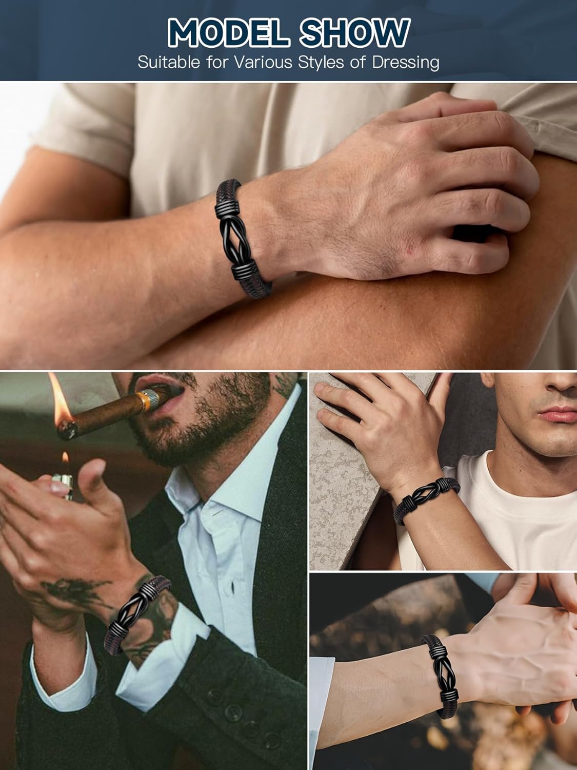 Gift for Men Infinity Knot Cuff Bracelet for Men Dad Husband Boyfriend Son Black Braided Leather Forever Linked Together Stainless Steel Engraved with Love You Forever Gifts Jewelry 7.5-9inch - Image 6