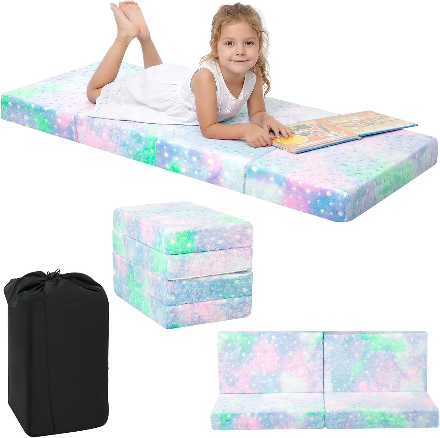 MeMoreCool Kids Folding Mattress, Trifold Mat Foldable Floor Mattress for Kids, 63x26 Tri Fold Floor Mat with Washable Cover and Carry Bag, Portable Floor Mat for Sleepover Daycare, Colorful Star