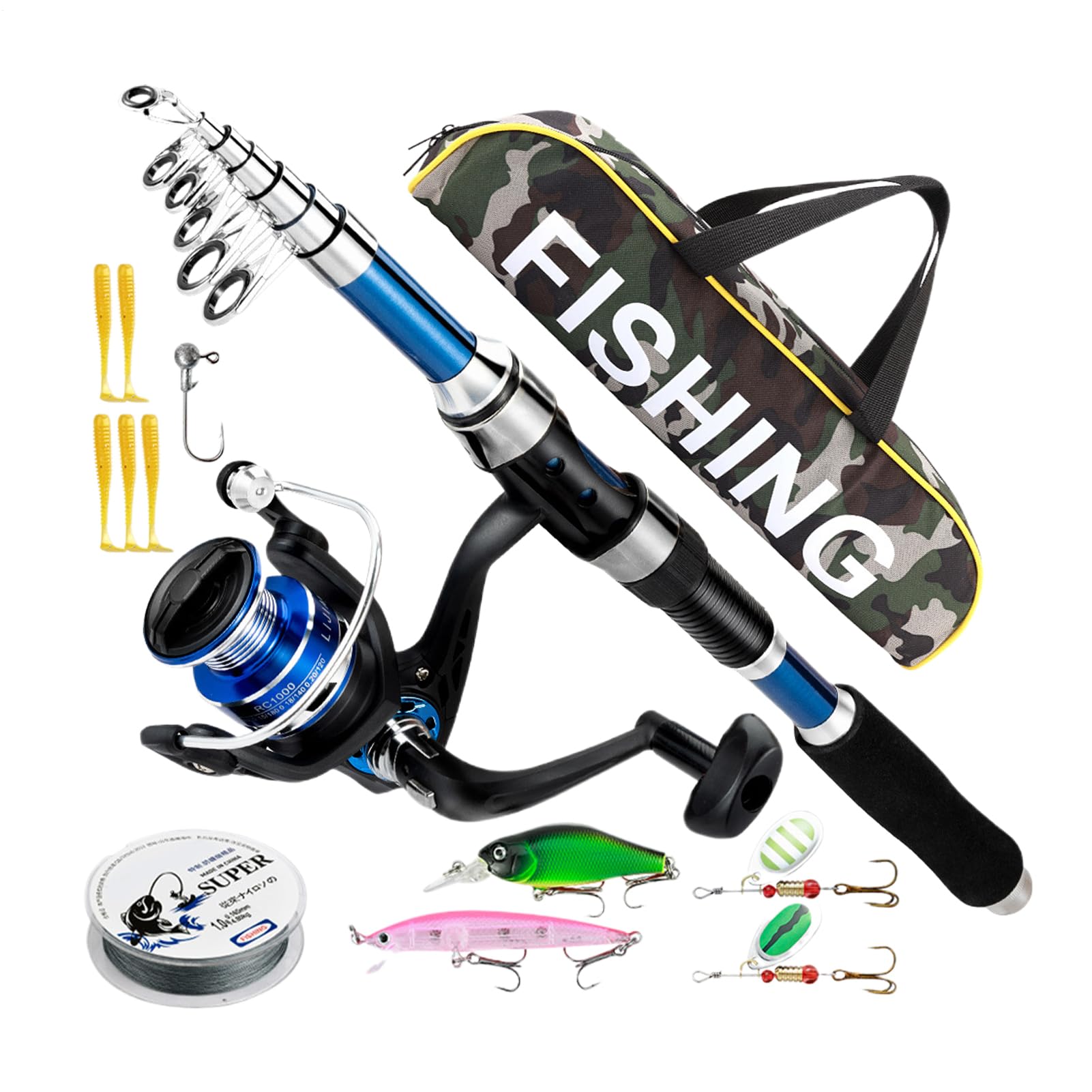 Canna da pesca con mulinello, set di canne da pesca per adulti, accessori da pesca con borsa per il trasporto per trota pesce gatto crappie acqua salata acqua dolce