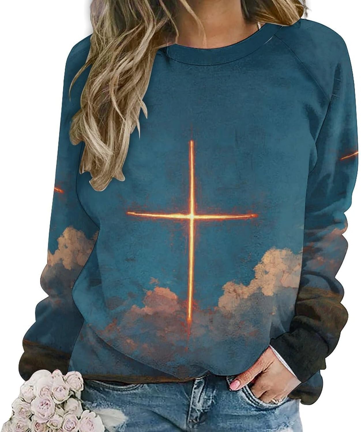 HOTYD Womens Floral Print Crewneck Sweatshirts Long Sleeve Camo Sweatshirt Fall Fashion Nordic Western Style Winter Clothing