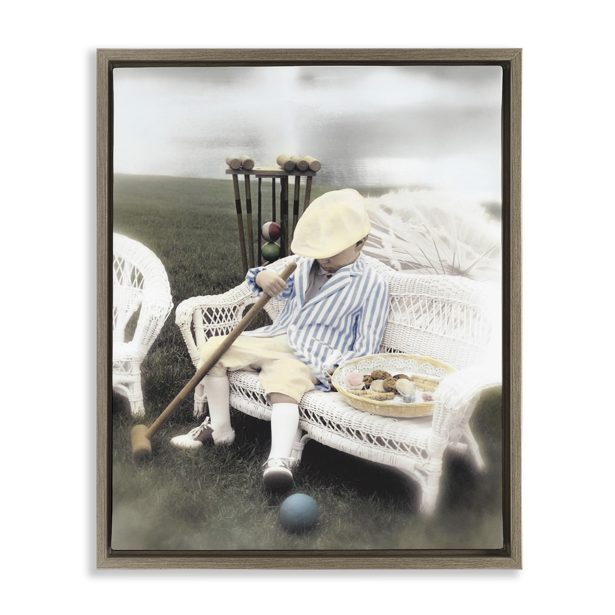 Stupell Industries Vintage Croquet Playtime Serenity 'Child With Croquet Mallet', Floating Frame Canvas Art, Brown, 17 X 21 Inches, Easy To Hang And Sturdy, Made In Usa, By Kendra Dew