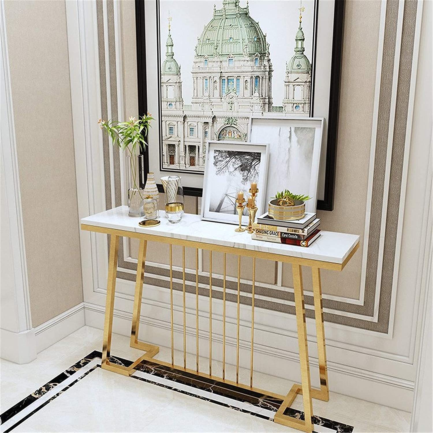 Onlinecollection Iron Frame Console Table for Entryway Accent Table Side Table Living Room Bedroom Office and Modern Style Contemporary Furniture for Home Decor (White & Gold)-image-9