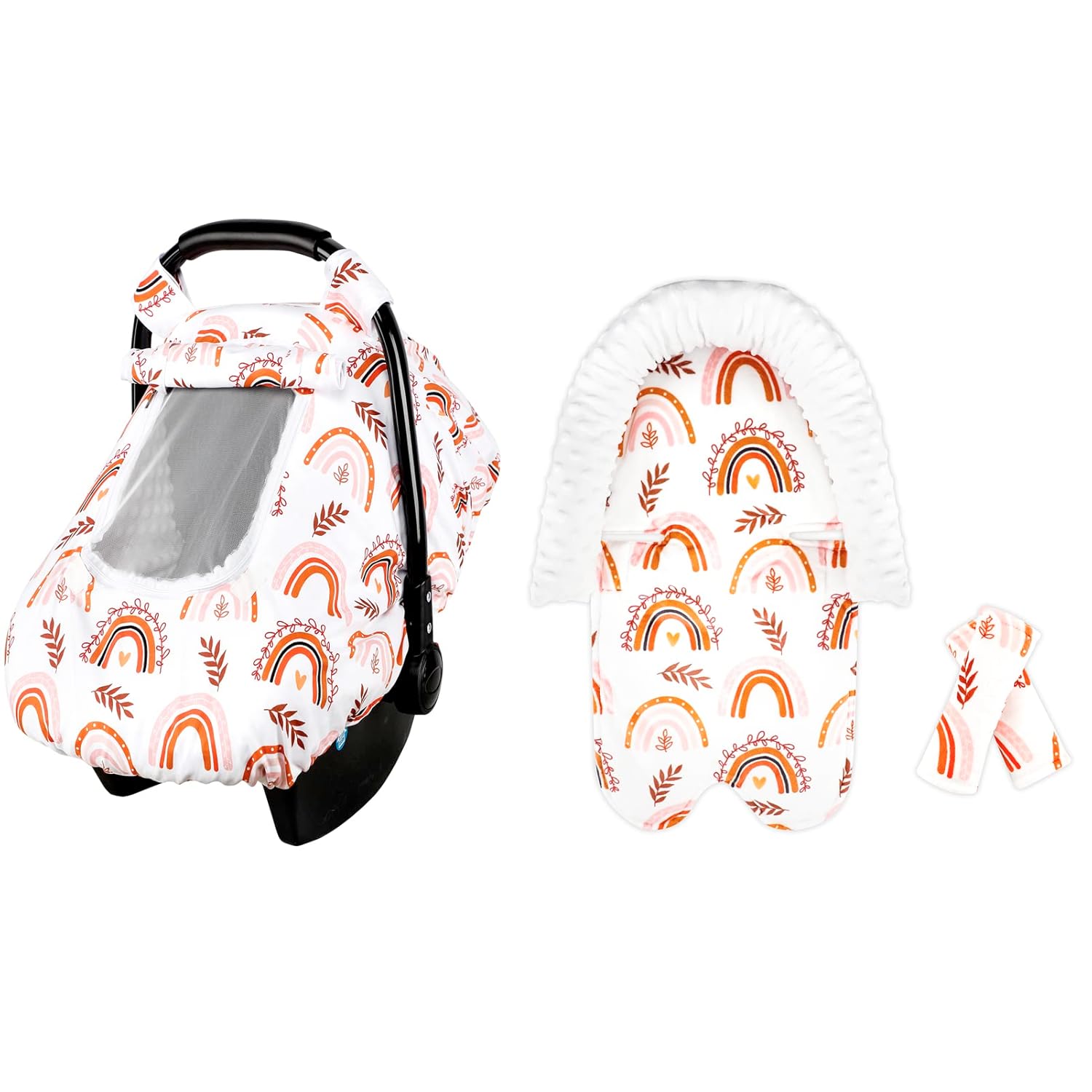 Infant Car Seat Covers and Baby Car Seat Head Support Strap Cover Set for Newborns Ultra Soft Comfortable Minky Dot Fabric Unique Rainbow Pattern