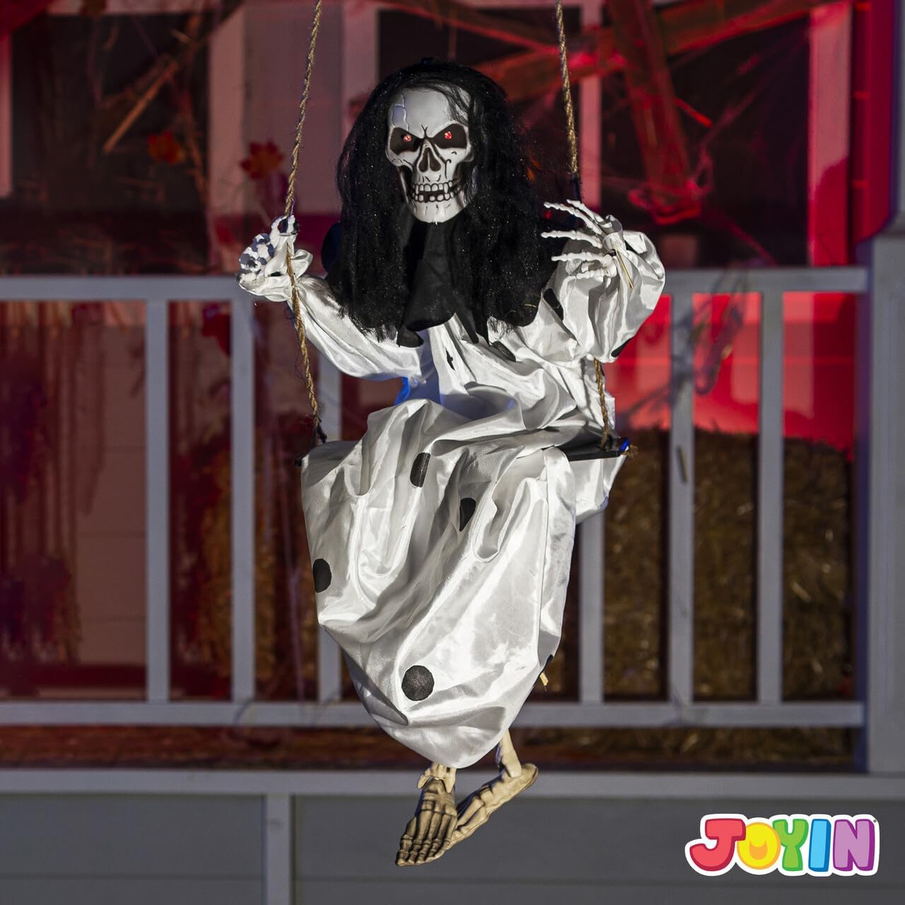 JOYIN 2 sztuki świecących duchów na Halloween z oświetlonymi oczami, kołyszący się szkielet, duchy, dekoracja zewnętrzna, czarno-białe latające duchy na podwórko, patio, trawnik, ogród, przyjęcie