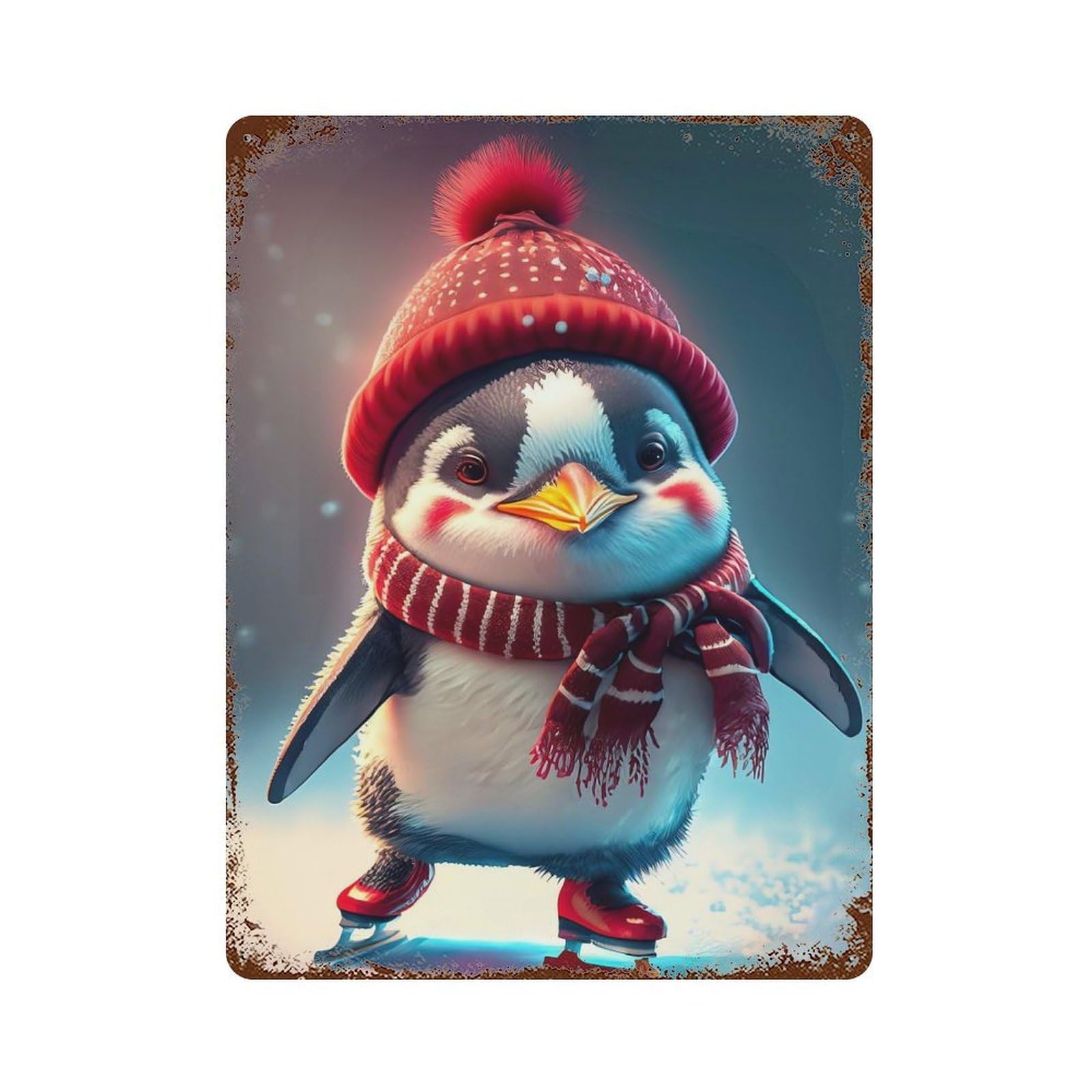 Ice Skating Penguin Rust Effect Tin Sign 15.7"x11.8", for Bistro, Counter And Cafe Decor, Decorative Metal Wall Art