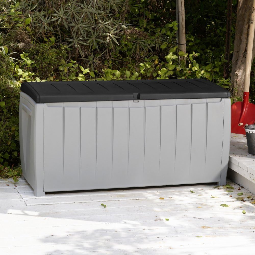 Keynote Solid Resin Plastic Weather Water Resistant Two-Tone Gray/Black 90-Gallon Outdoor Deck Storage Box Bench Seat- Durable Chip Resistant Deep Storage Compartment- Easy Lift Lid- Deck Pool