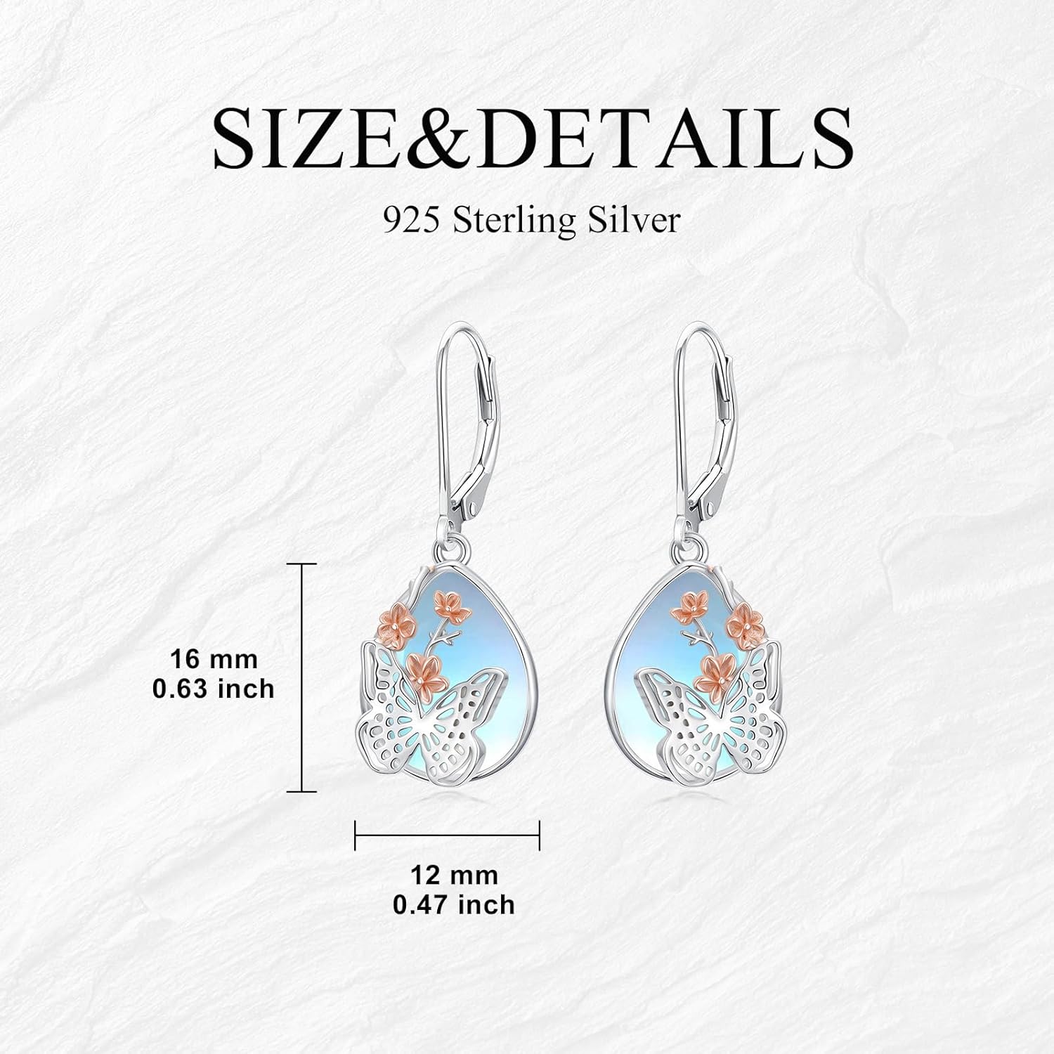 Moonstone Earrings Sterling Silver with Butterfly & Rose Gold Flower, Teardrop Dangle Earrings for Women, Hypoallergenic French Hook - Image 4