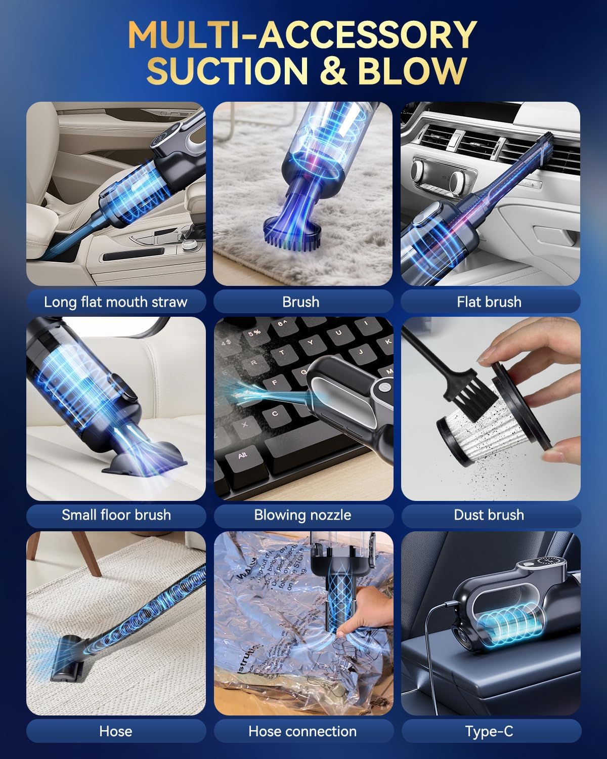 11-in-1 Car Vacuum Clearner【19000pa Suction | Japan Brushless Motor】【SGS-Certified Smart Chip】Powerful Handheld Vacuum Cordless, with LED Light, Multi-Nozzles and Storage Bag, for Home Office Pet Hair