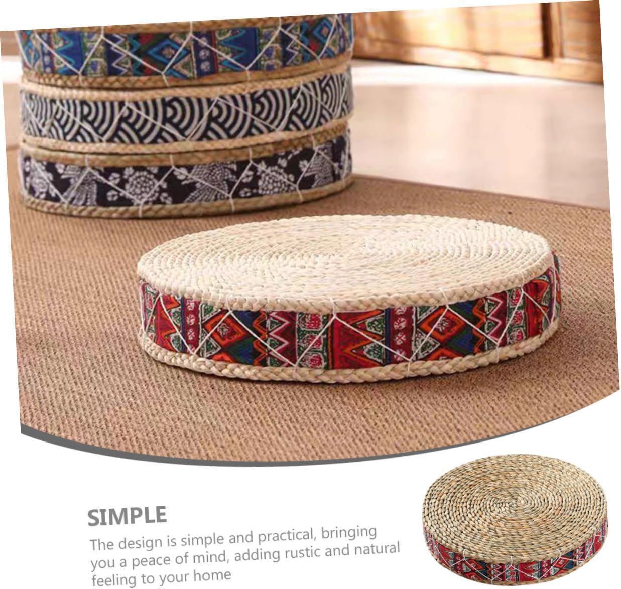 BESTYASH Bohemian Red Handwoven Woven Straw Floor Cushion Round Meditation Pad 30cm Diameter X 7cm Height Japanese-Style Tatami Sitting Pillow for Yoga and Home Seating