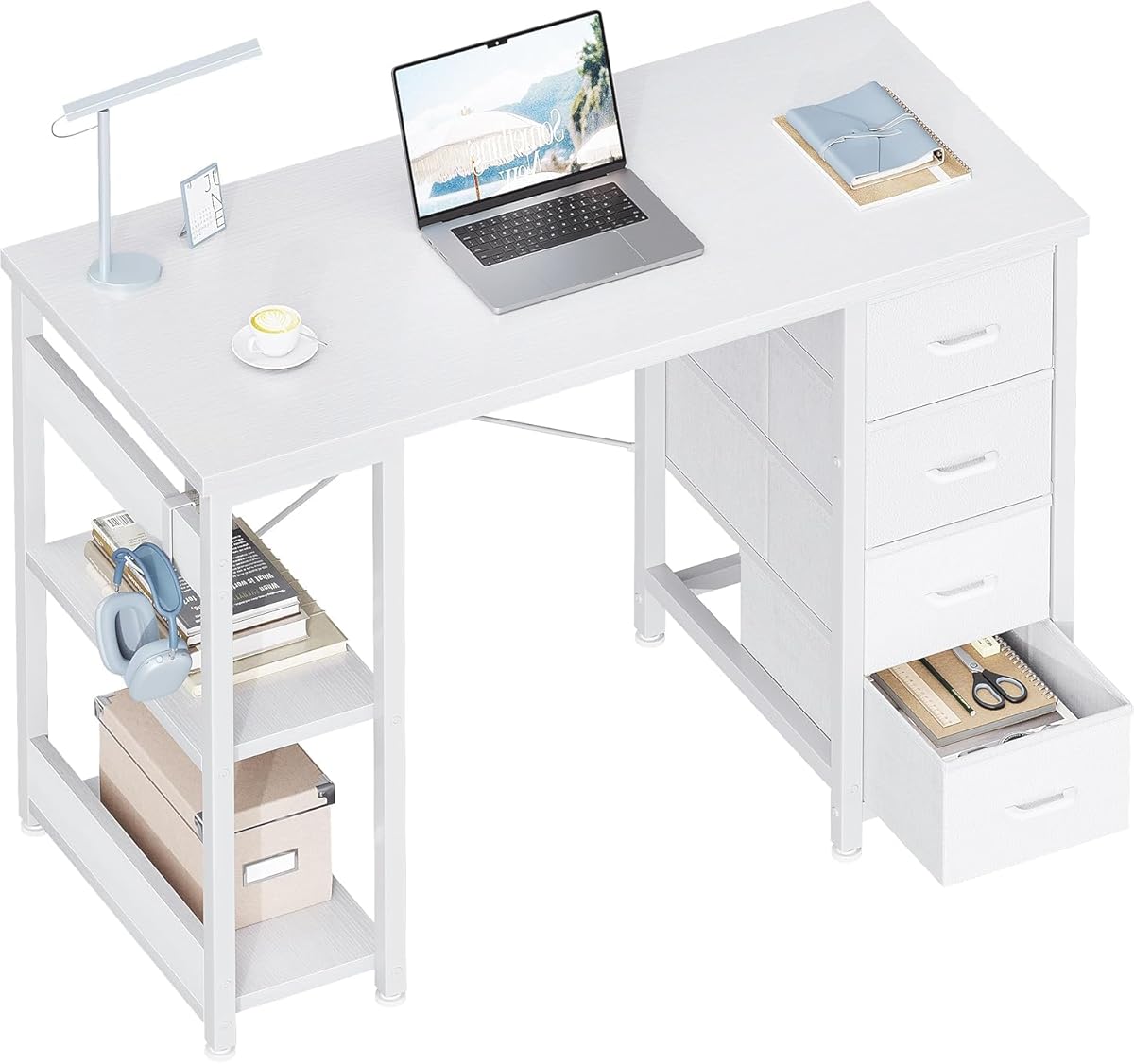 ODK 40 Inch Small White Computer Desk with 4 Fabric Drawers, Modern Office Desk for Home Office Gaming with Storage Shelves Study, White