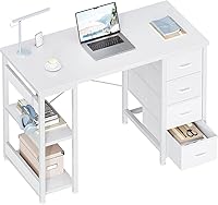 ODK 40 Inch White Computer Desk with 4 Fabric Drawers & Storage Shelves - Modern Home Office Gaming Study Desk