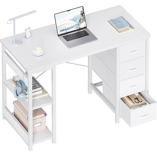 ODK 40 Inch Small White Computer Desk with 4 Fabric Drawers, Modern Office Desk for Home Office Gaming with Storage Shelves Study, White