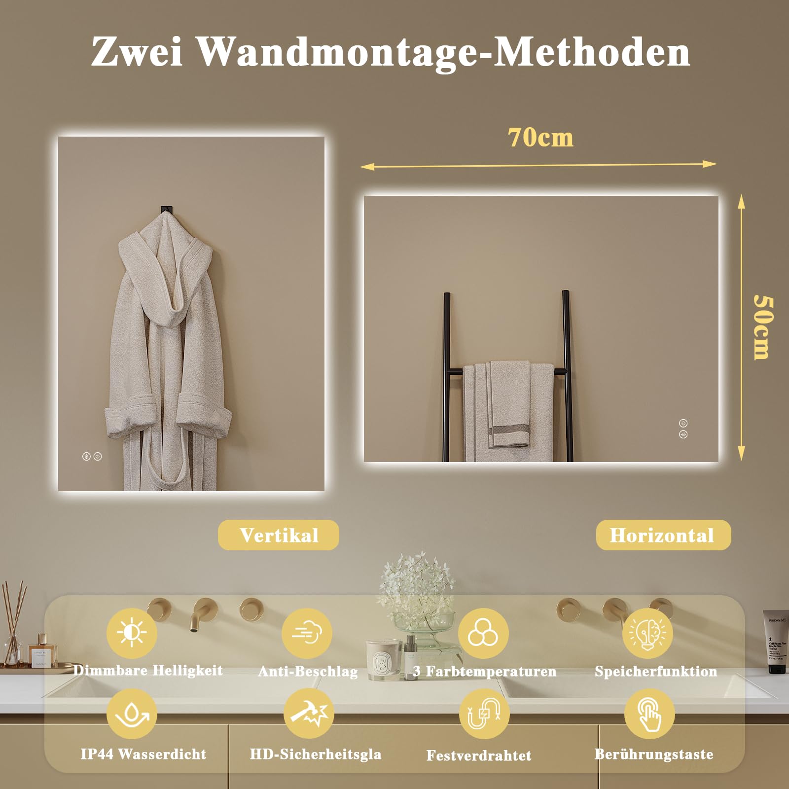 Badspiegel-mit-Beleuchtung 50x70cm - LED Badezimmerspiegel Badezimmer Spiegel mit Beleuchtung, Touch-Schalter, Dimmbar, 3 Lichtfarben - Wandspiegel Led Spiegel Bad - Horizontal/Vertikal