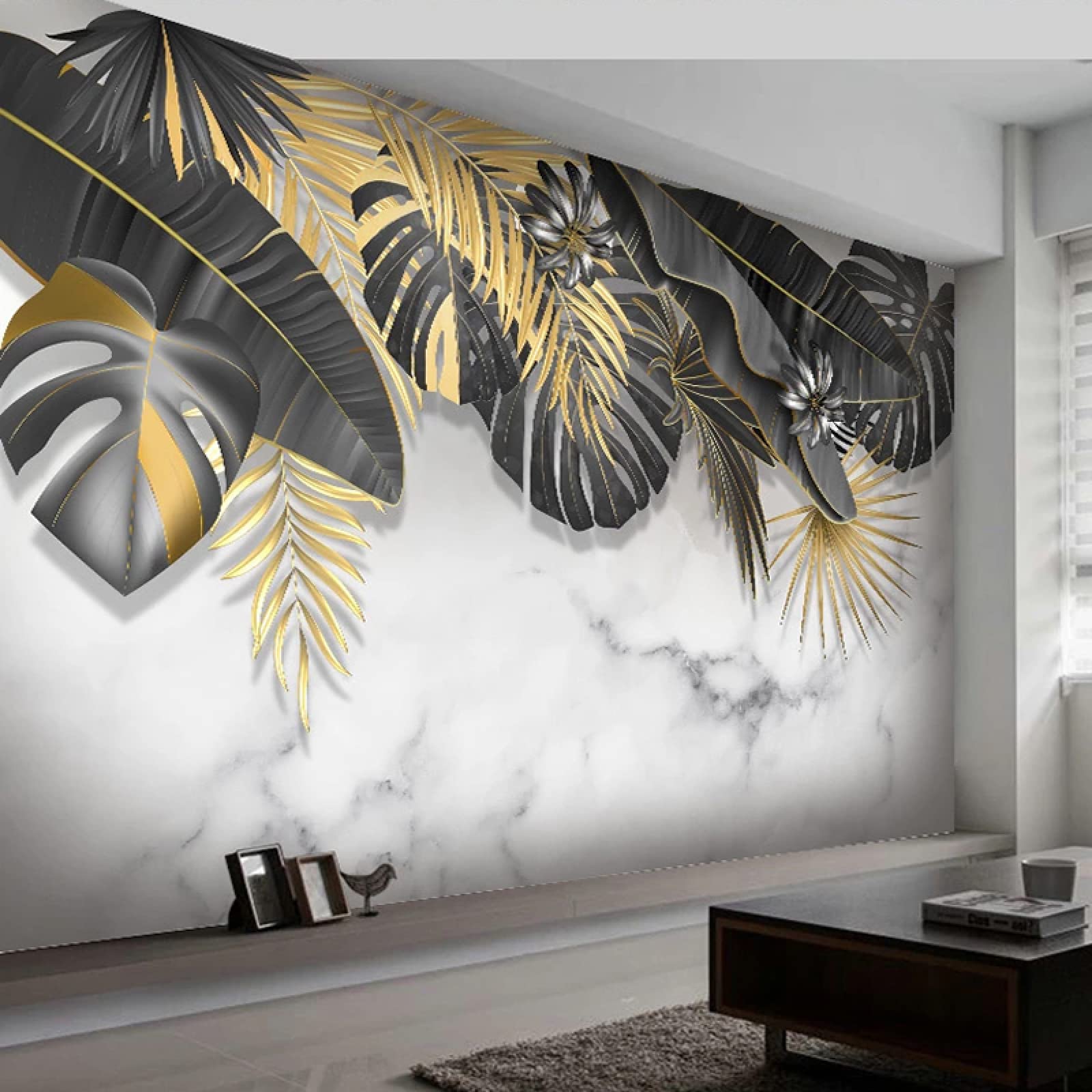 Papier peint gris marbre plante feuilles pour salon et chambre 3D