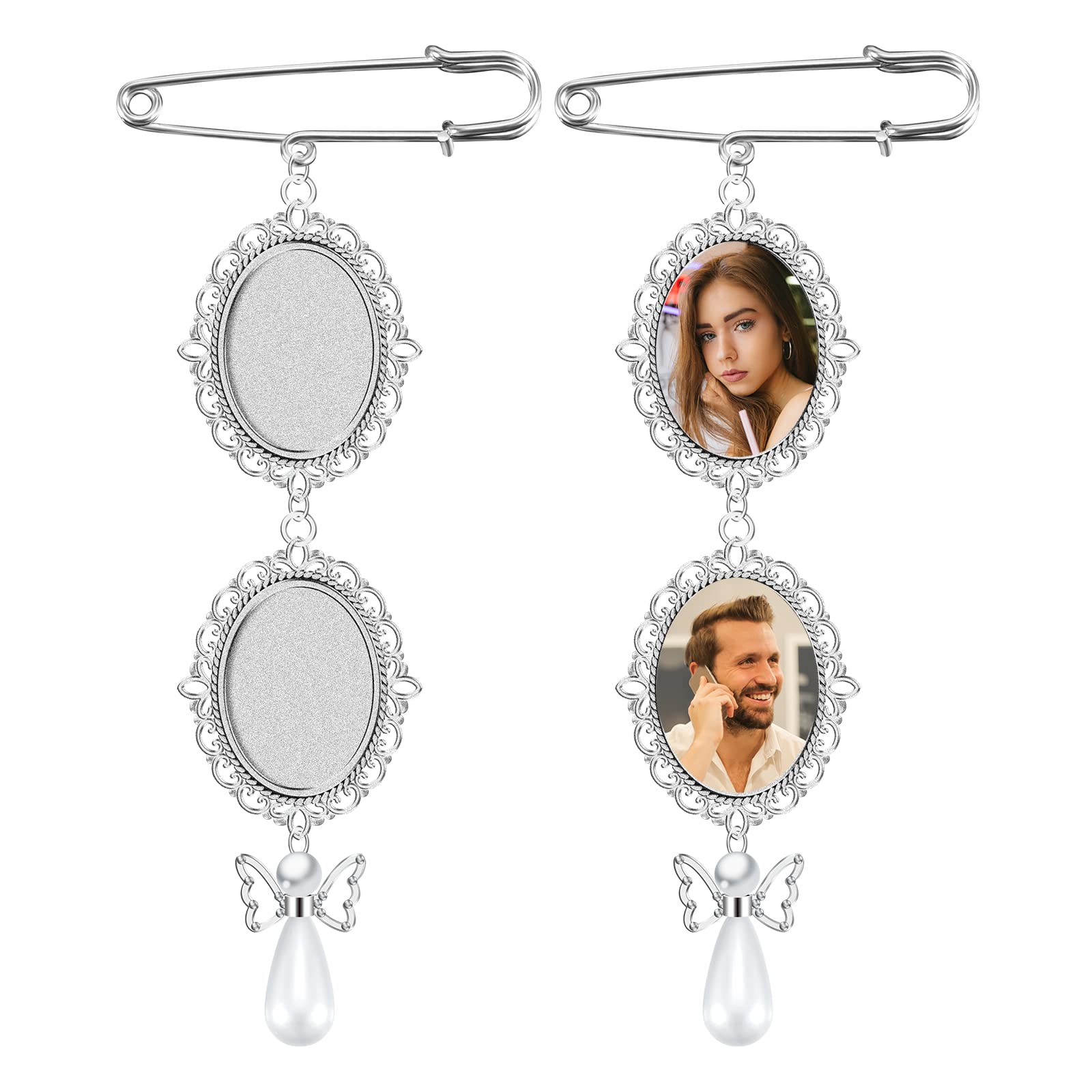 SAVITA 2pcs Wedding Bouquet Photo Charms with 4pcs Oval Glass Cabochons, Classical Aesthetic Bouquet Picture Charm Picture Frame with Lacy Design for DIY Crafts (Pearl Butterfly Pendant)