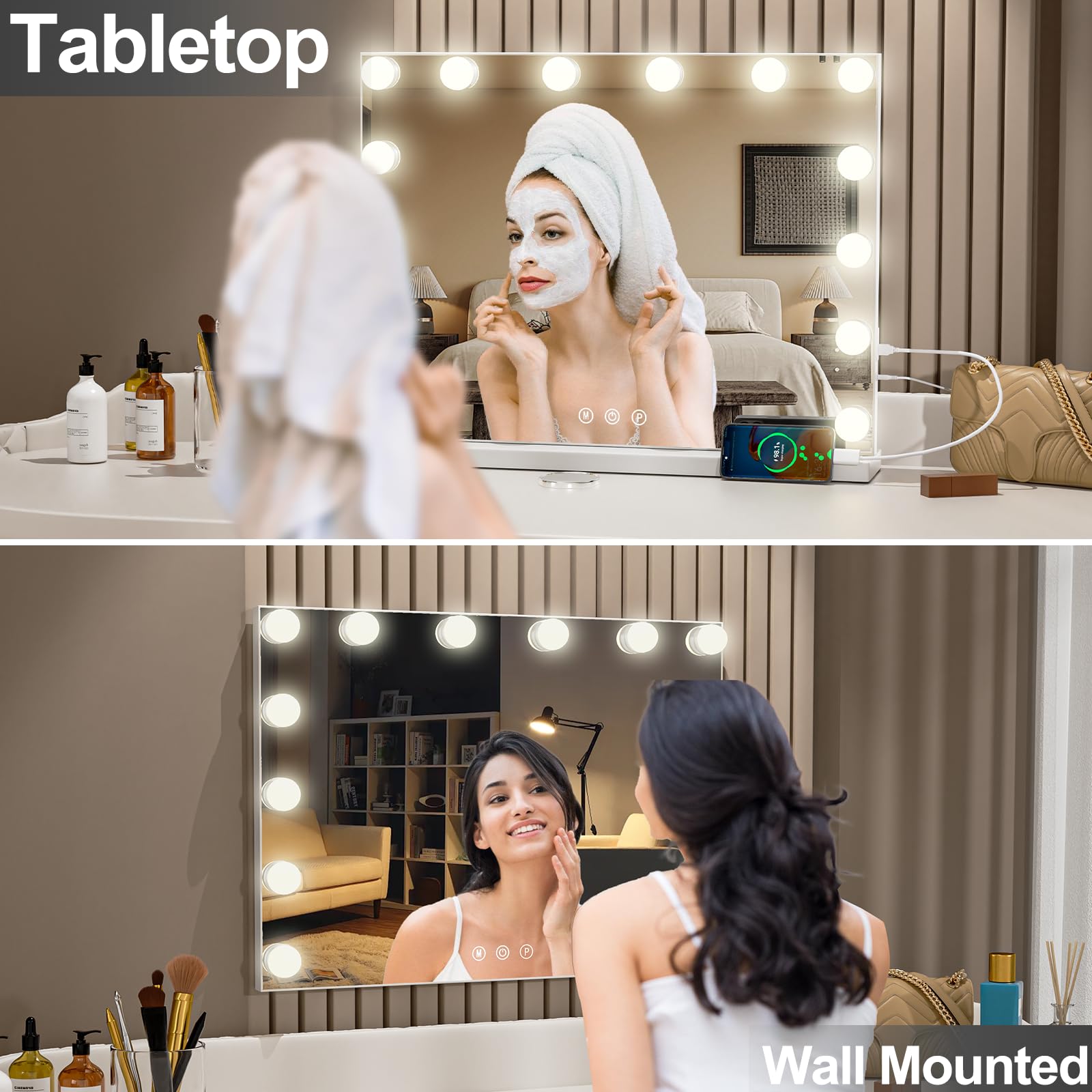 Hollywood Specchio Trucco con Luci, 50x40cm Specchio LED con 14 Lampadine Dimmerabili, 3 Modalità, USB e Ingrandimento 10x, Controllo Tattile, Tavolo o Supporto da Parete per Camera da Letto