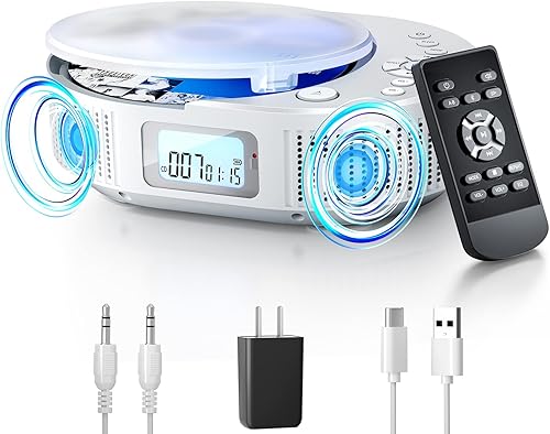 Reproductor de CD portátil, reproductor de CD Boombox mejorado y altavoz Bluetooth 2 en 1, reproductor de CD portátil recargable para cochehogar con